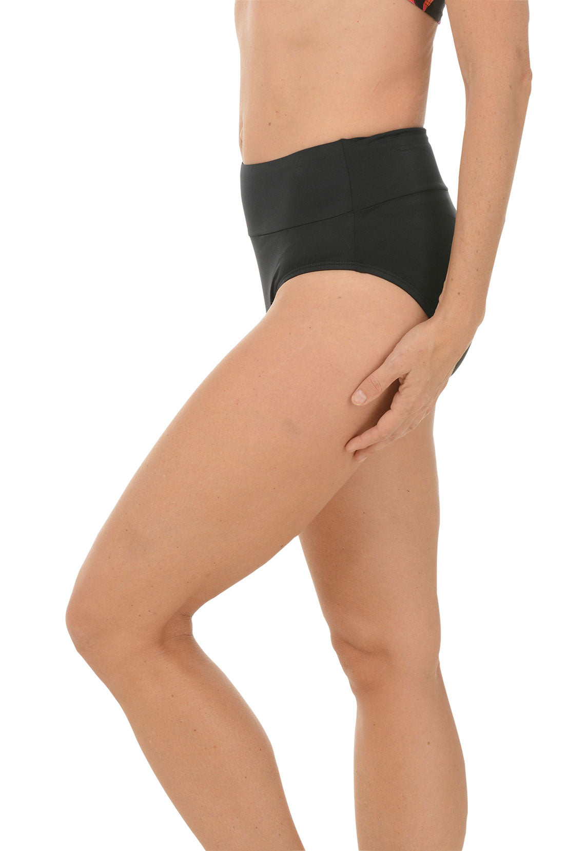 A side shot of a model wearing a high-waisted black swim brief with a 3-inch waistband.