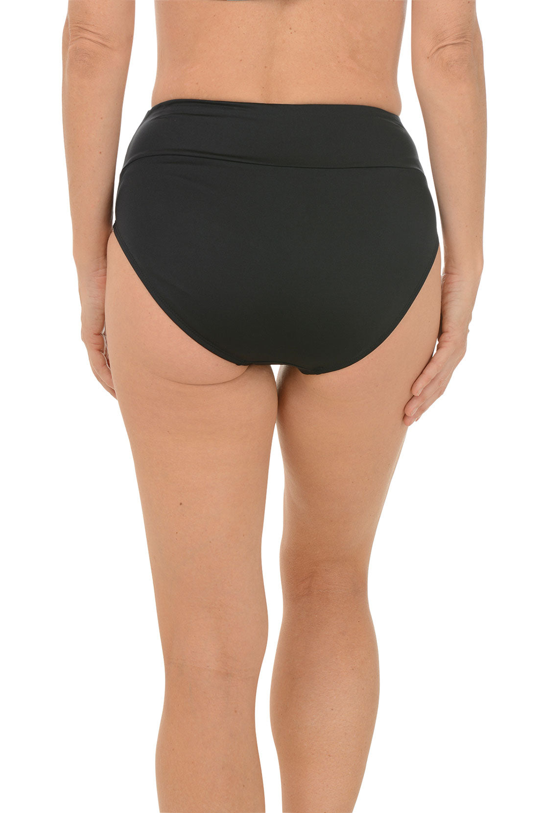 A back shot of a model wearing a high-waisted black swim brief with a 3-inch waistband.