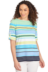 A front shot of a model wearing a striped chambray top with a boat neckline and elbow-length sleeves.