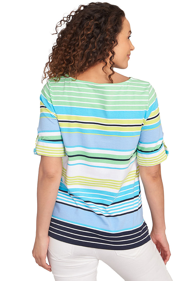 A back shot of a model wearing a striped chambray top with a boat neckline and elbow-length sleeves.