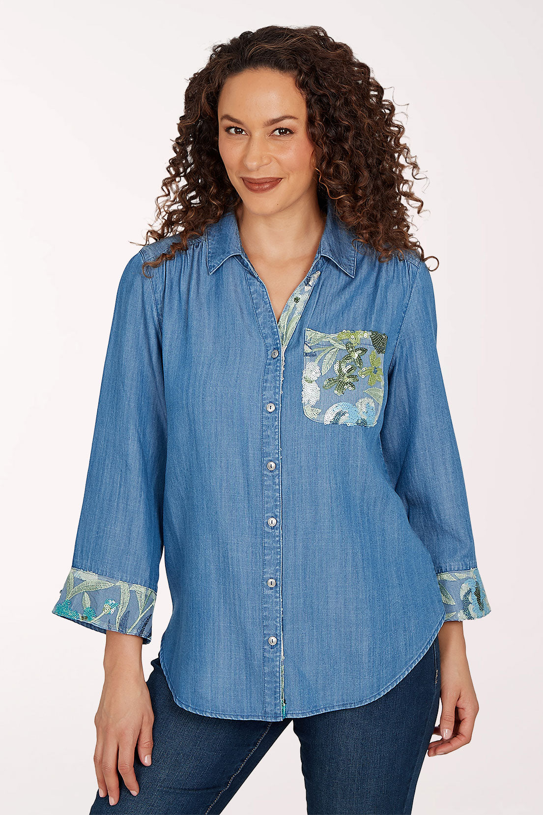 Woman wearing a chambray top