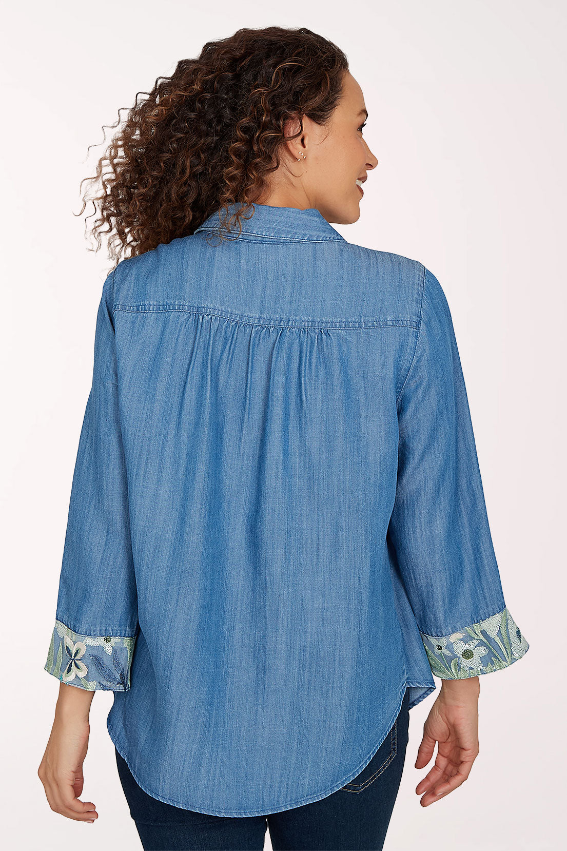 Woman wearing a chambray top