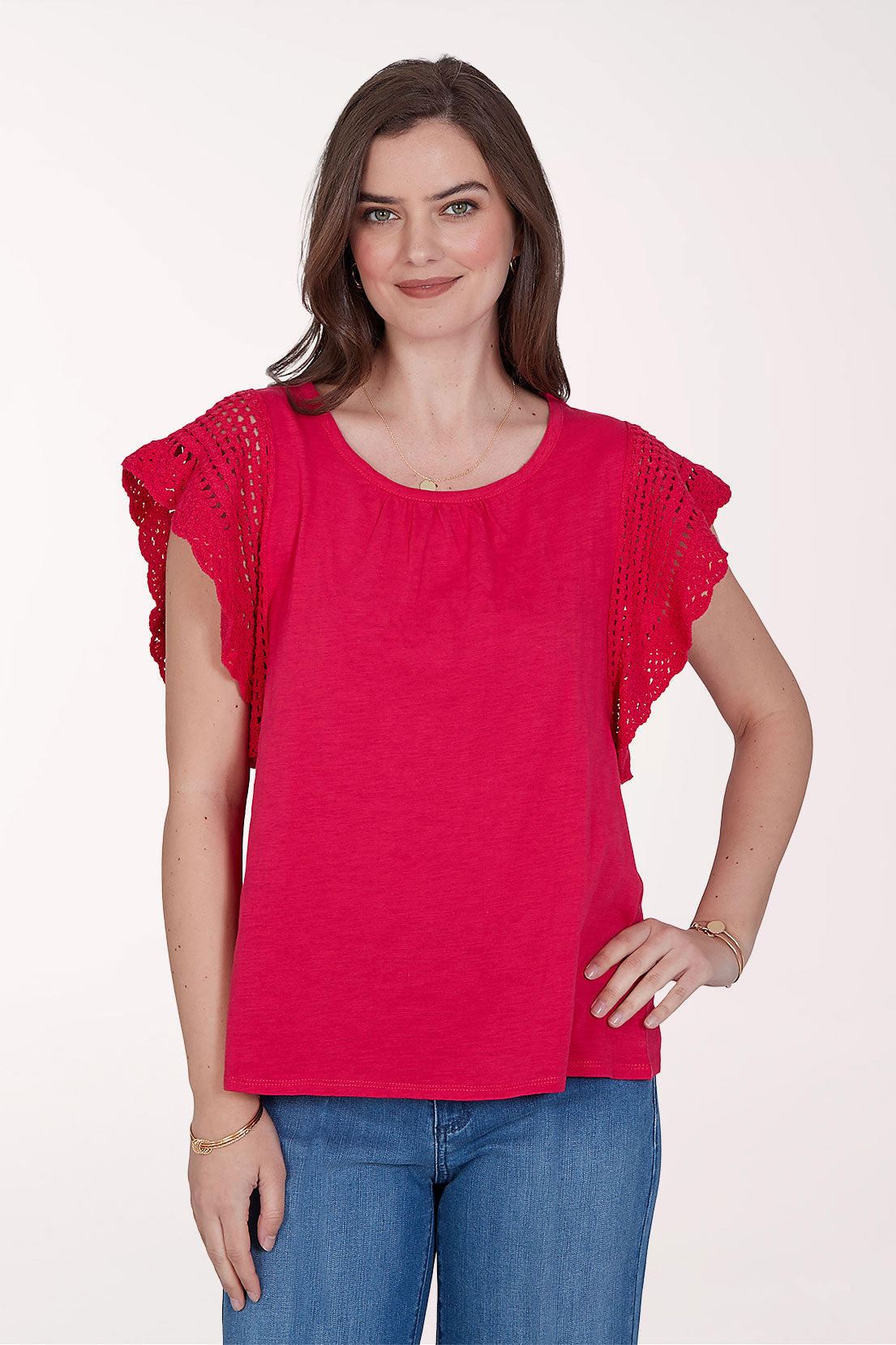 Tropical Noir Ruffled Crochet Sleeve Top | Ruby Rd.