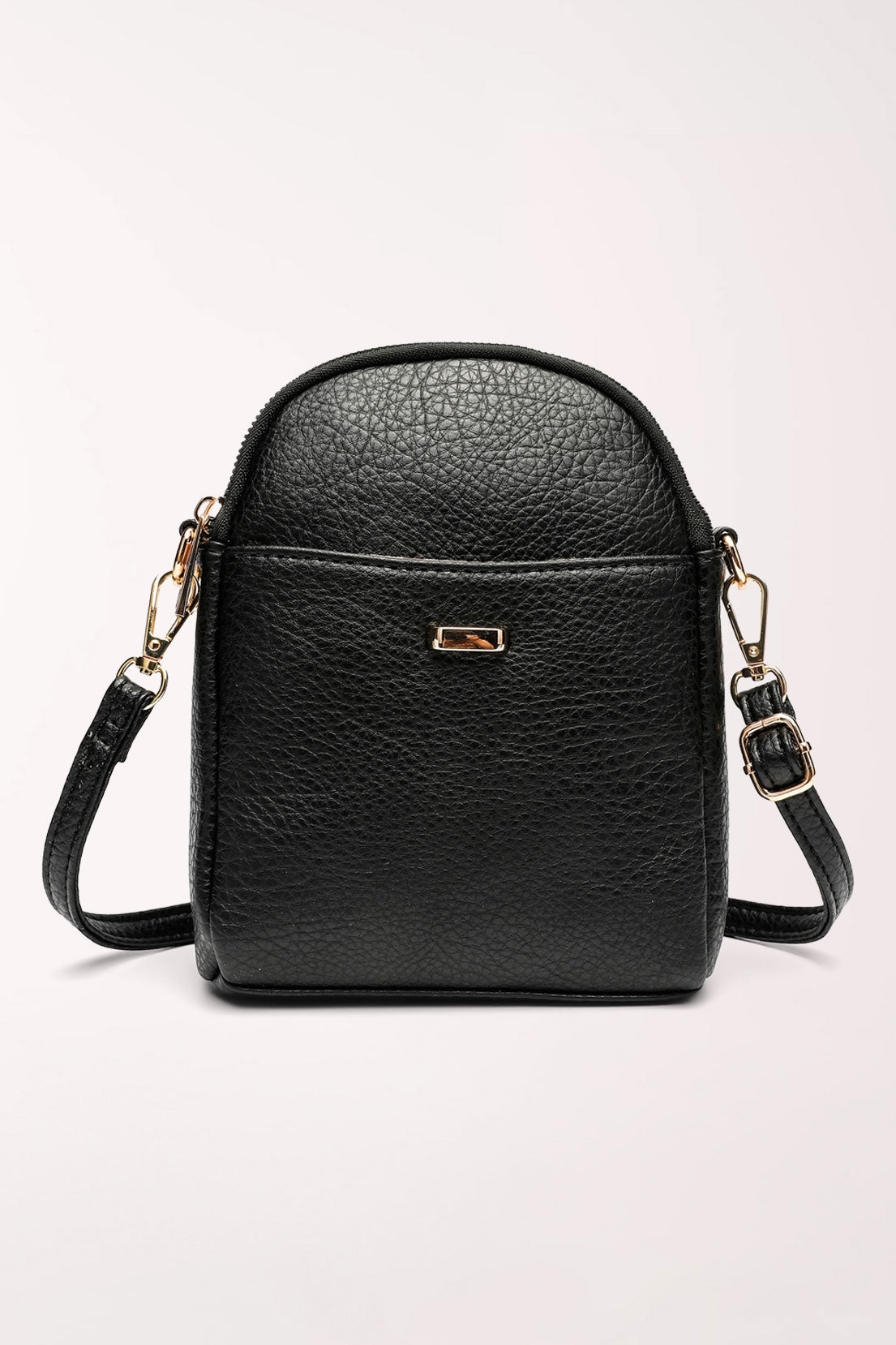 Front view of the 22 Tote Four-Pocket Crossbody Bag in black pebbled faux leather: a small bag with a rounded top, a front slip pocket with a gold logo plate, gold hardware and an adjustable crossbody strap.