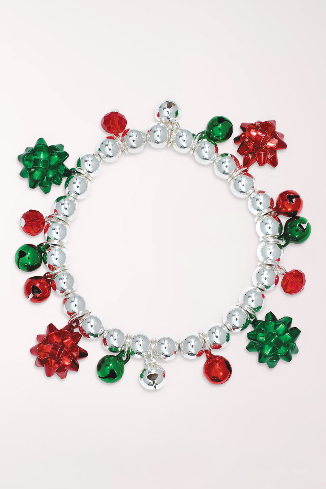 Periwinkle Festive Bows And Jingle Bells Bracelet, a silver bead stretch bracelet with dangling red and green gift bows and red, green and silver jingle bells.