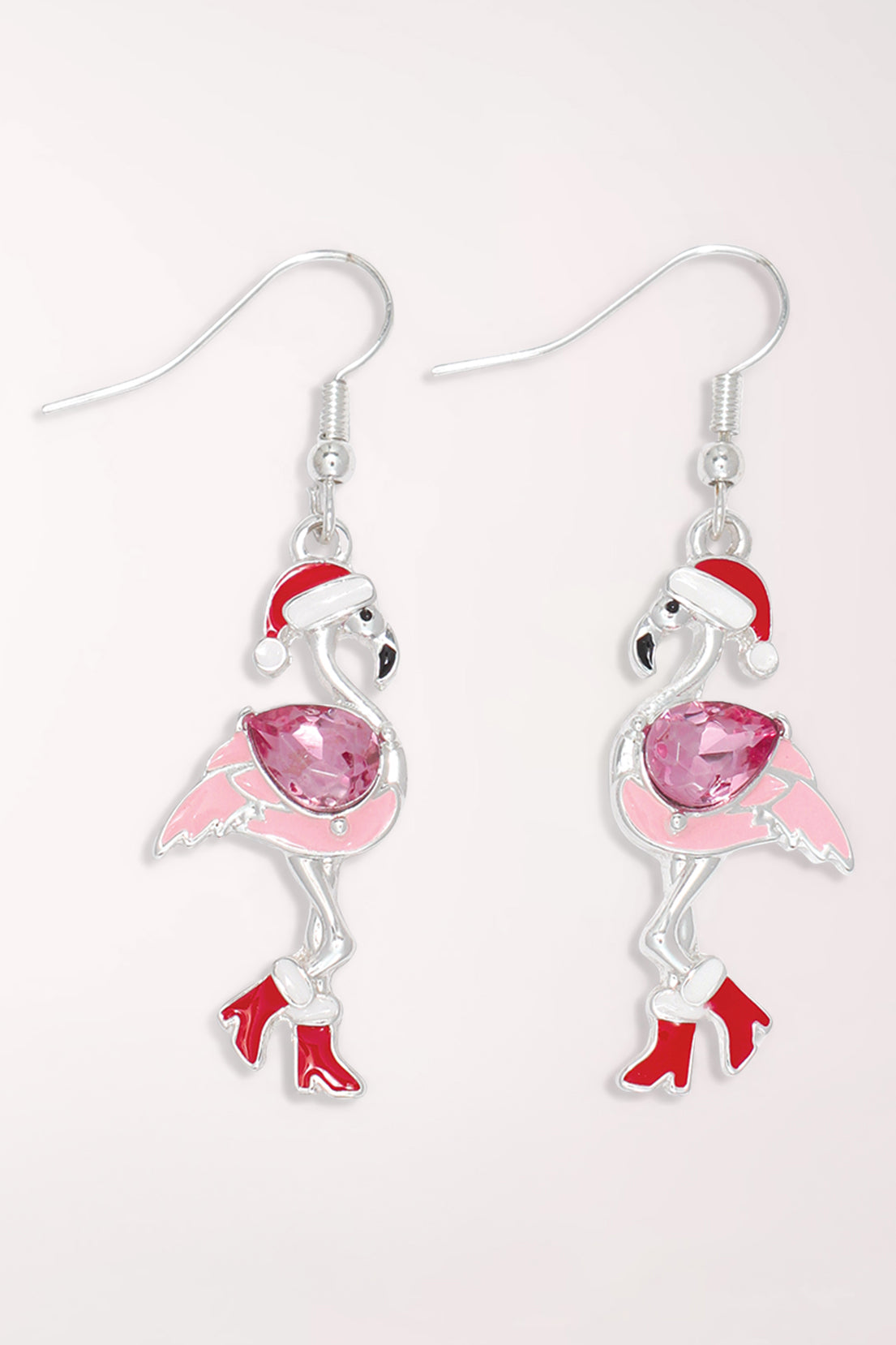 Pair of Periwinkle Bejeweled Holiday Party Flamingo Earrings on silver-tone French hooks: pink enamel flamingos with a pink crystal body, a red Santa hat and red boots.