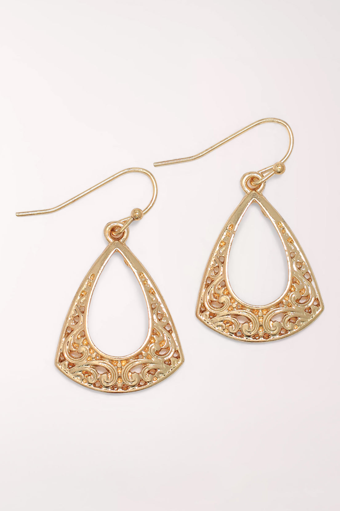 Pair of Periwinkle Gold Filigree Drop Earrings on gold-tone French hooks: teardrop-shaped gold drops with an open center and scrolling filigree cutwork along the bottom.