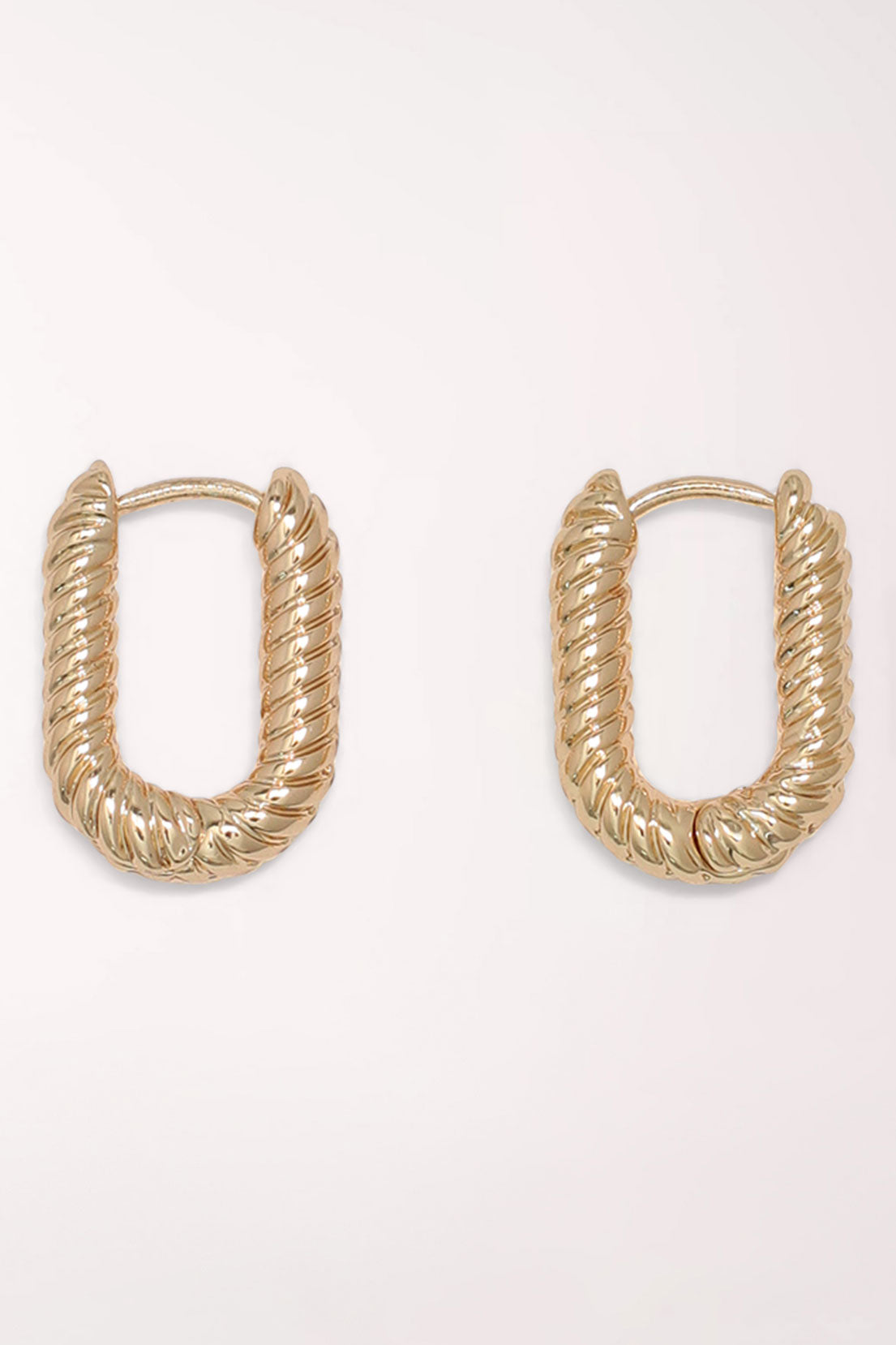 Pair of Periwinkle Gold Ribbed Huggie Hoop Earrings: rounded rectangular gold-tone huggie hoops with a diagonal ribbed, rope-like texture.