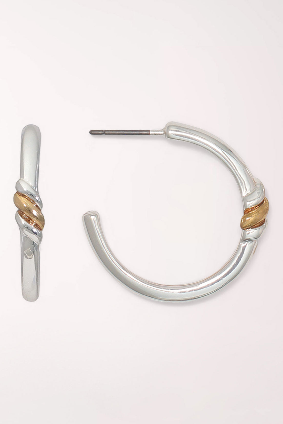 Periwinkle Polished Silver And Gold Twisted Hoop Earrings shown from the side and front: polished silver-tone open hoops on posts with a twisted gold and silver wrap accent near the top.