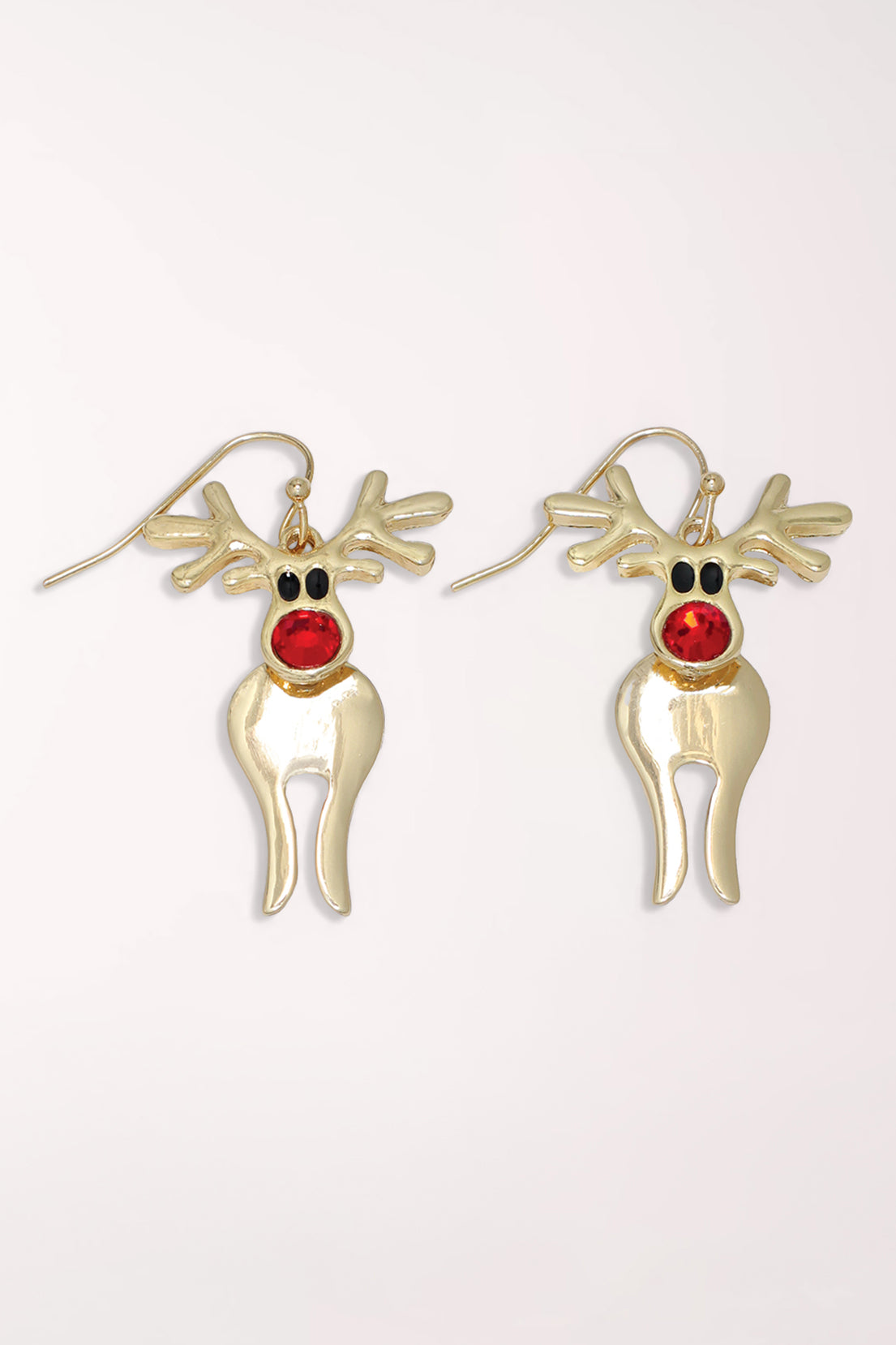 Pair of Periwinkle Polished Gold Rudolph Earrings on French hooks: shiny gold-tone reindeer with antlers, black eyes and a red crystal nose.