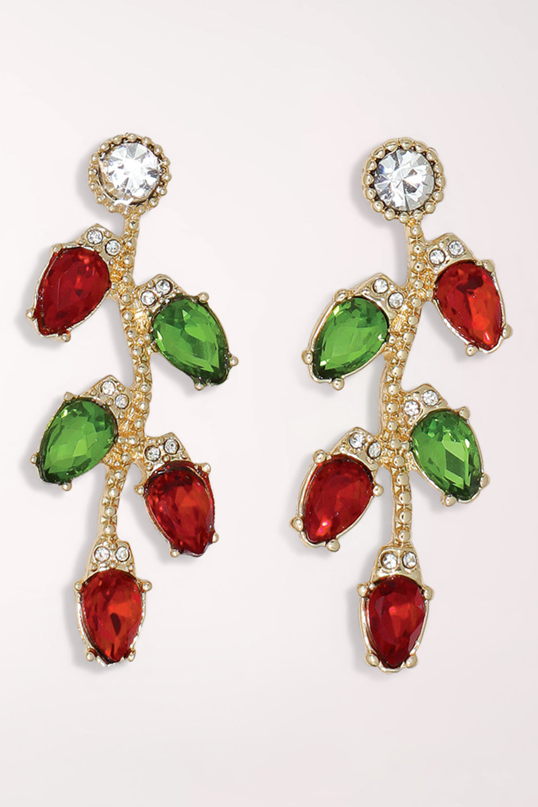 Pair of Periwinkle Bedazzled Christmas Lights Earrings: a round clear crystal stud on top with a gold-tone vine of red and green teardrop crystal bulbs dangling below.