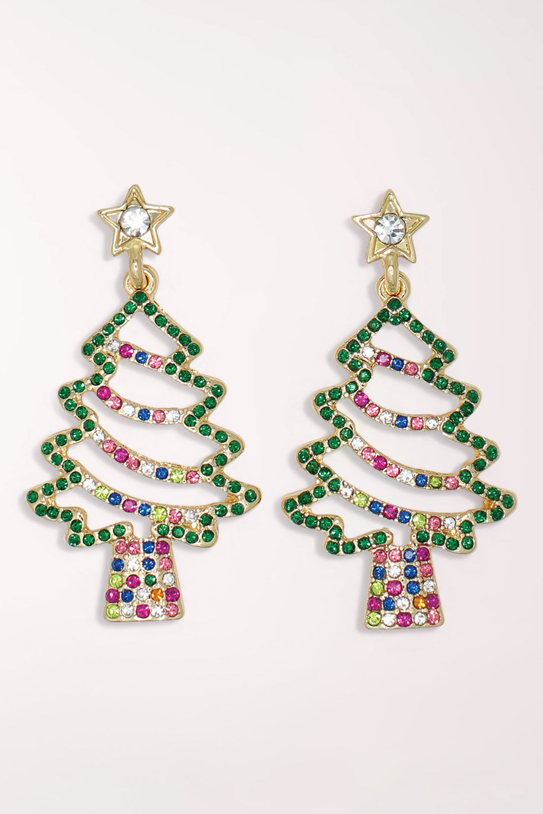 Pair of Periwinkle Multicolored Crystal Christmas Tree Earrings: open gold-tone Christmas tree outlines lined with green crystals, a multicolor crystal garland and pot, and a crystal star stud on top.