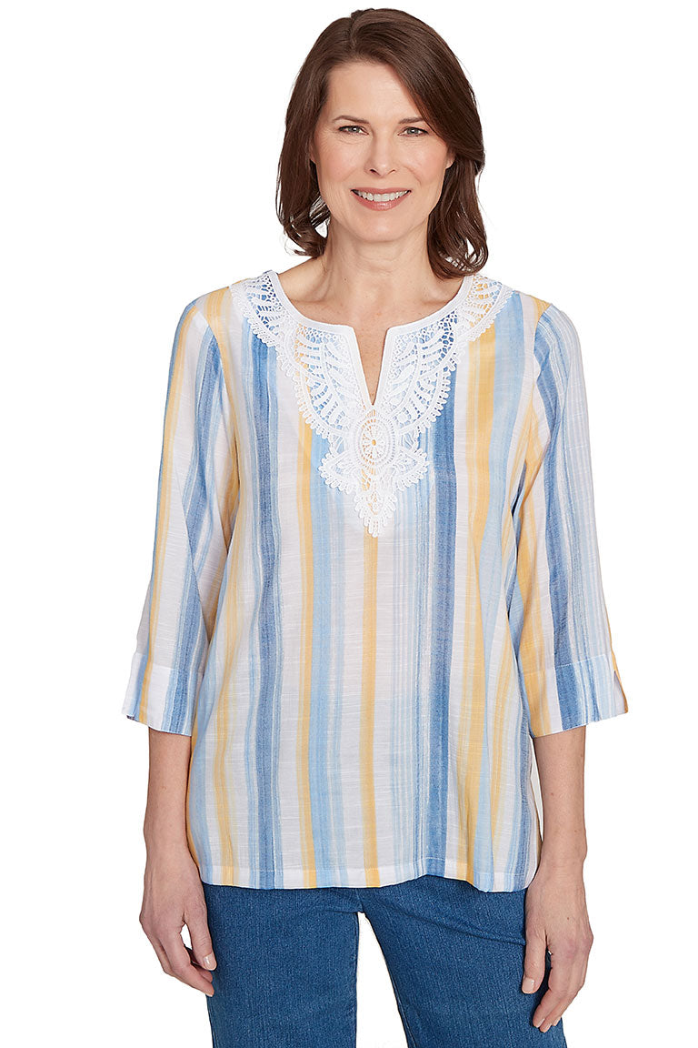 A striped lace neck blouse with 3/4 sleeves and a notched v-neckline. The upper back has a keyhole detail with a button closure, and there are slits on the sleeve cuffs.