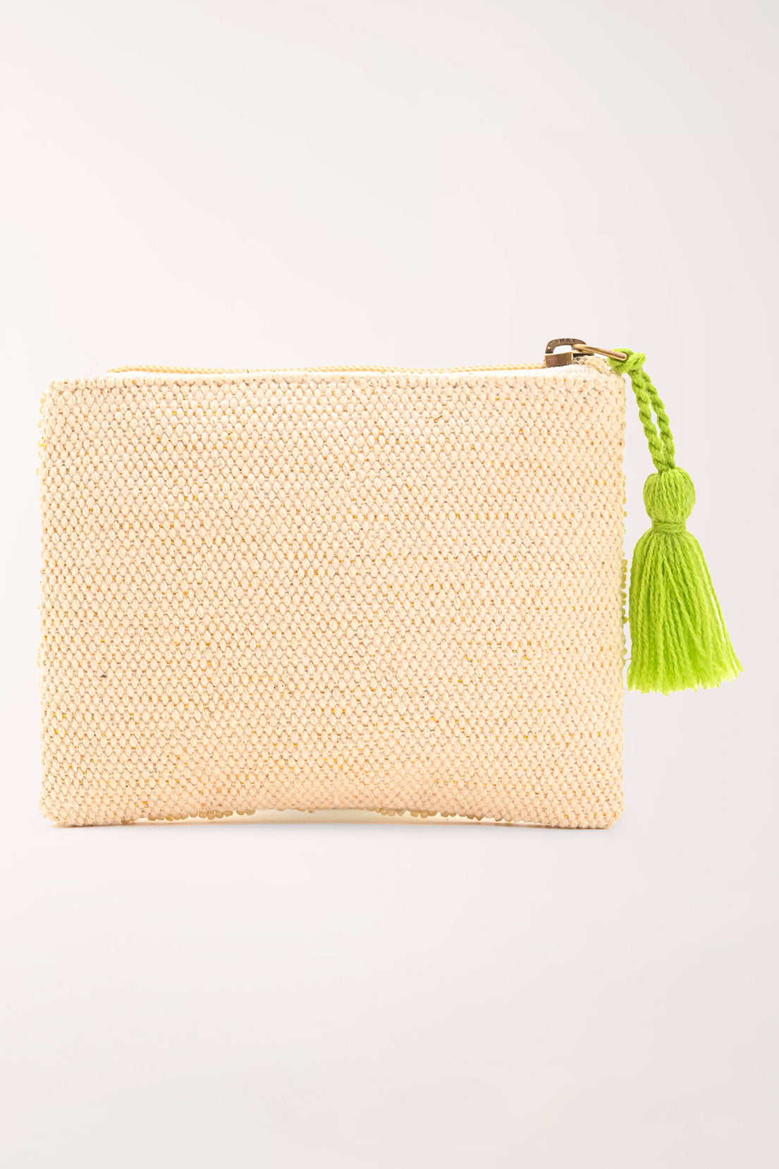 A small cream-colored beaded pouch with a bright green tassel and embroidered floral details, a margarita glass, and the word "margaritas" shown on a light off-white background.