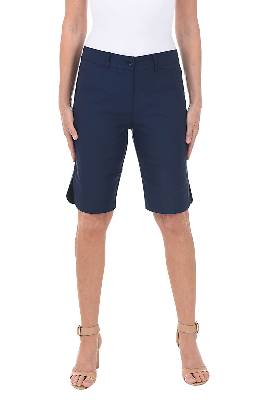 A pair of navy button-front bermuda shorts with a zip-fly, small front pockets, and a belt loop.