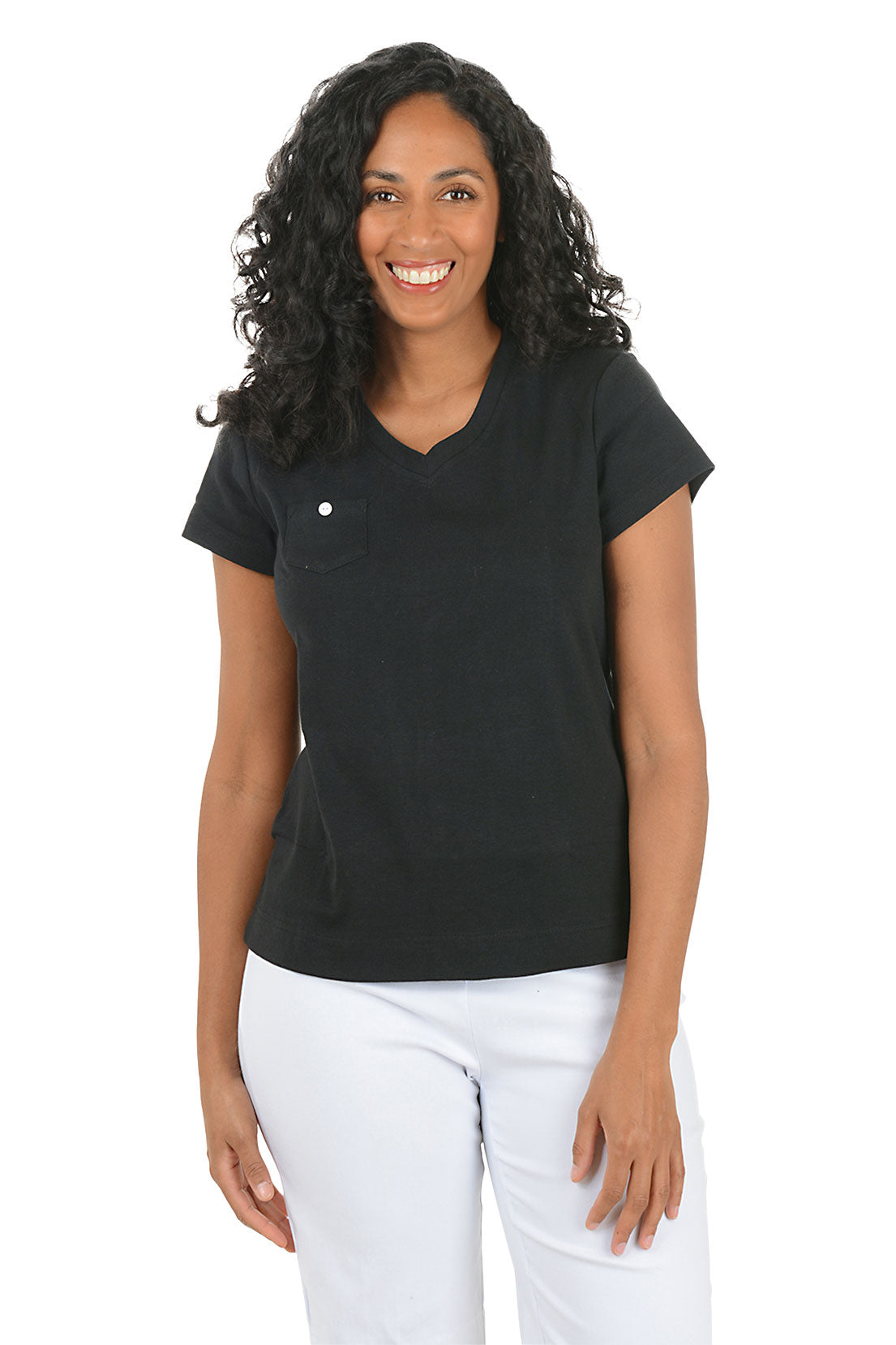 Woman wearing a black V-neck shirt with a white button on a white background.