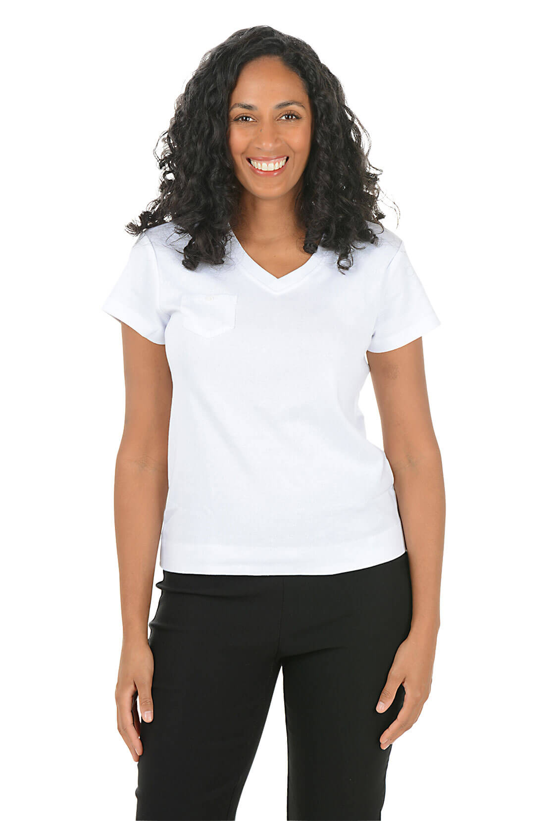 Woman wearing a white shirt and black pants on a white background front shot.