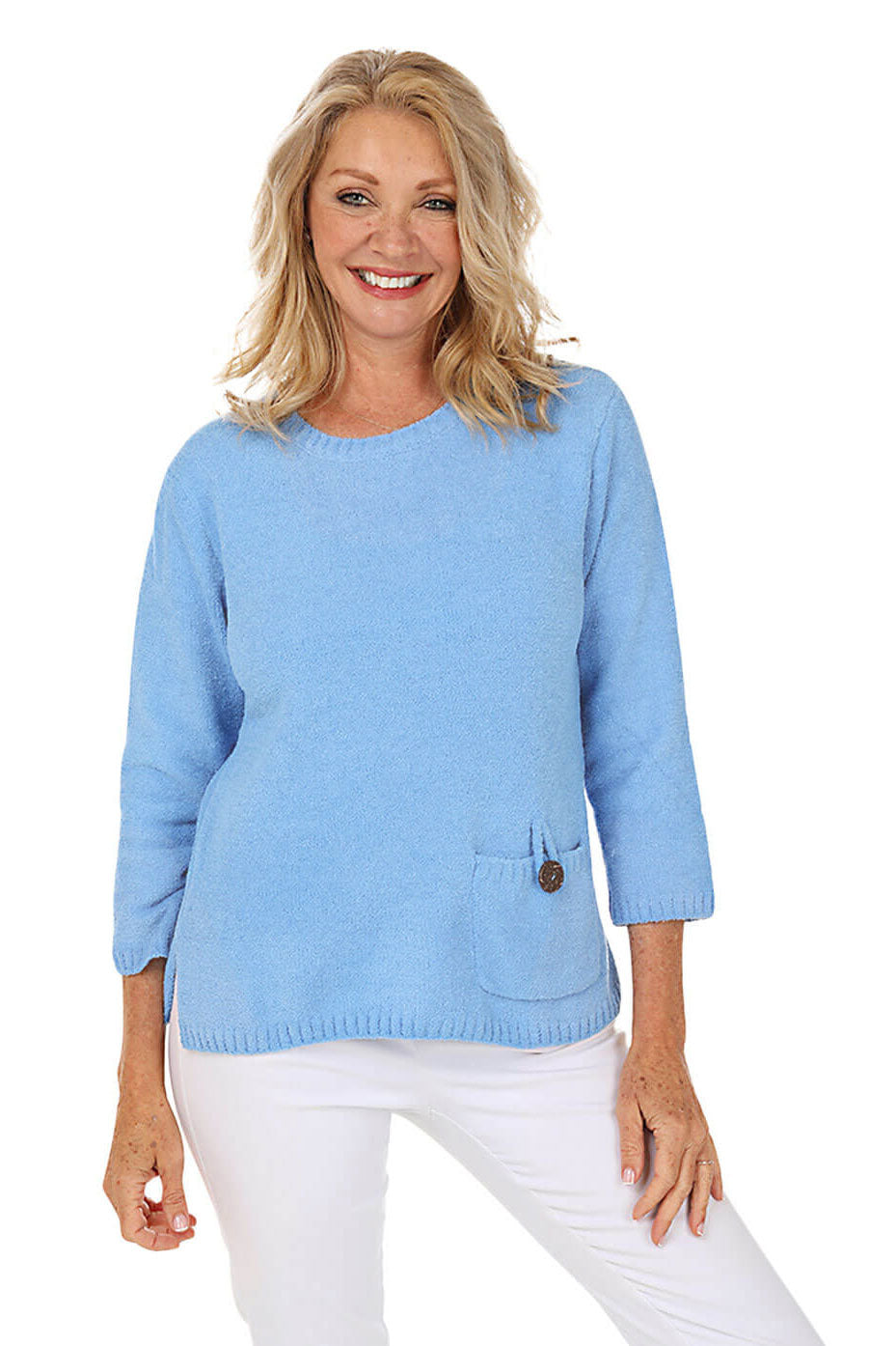 Front shot of a model wearing a periwinkle sweater.
