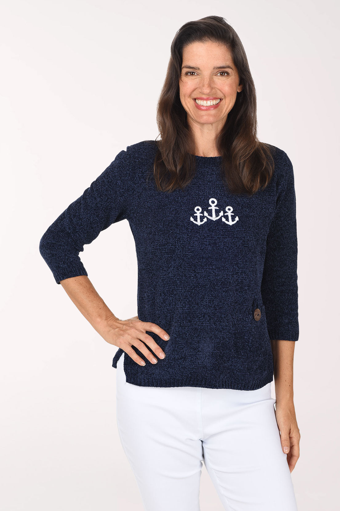 Anthony's Resort Wear Triple Anchor Chenille Pocket Sweater, front view, navy with three embroidered anchors
