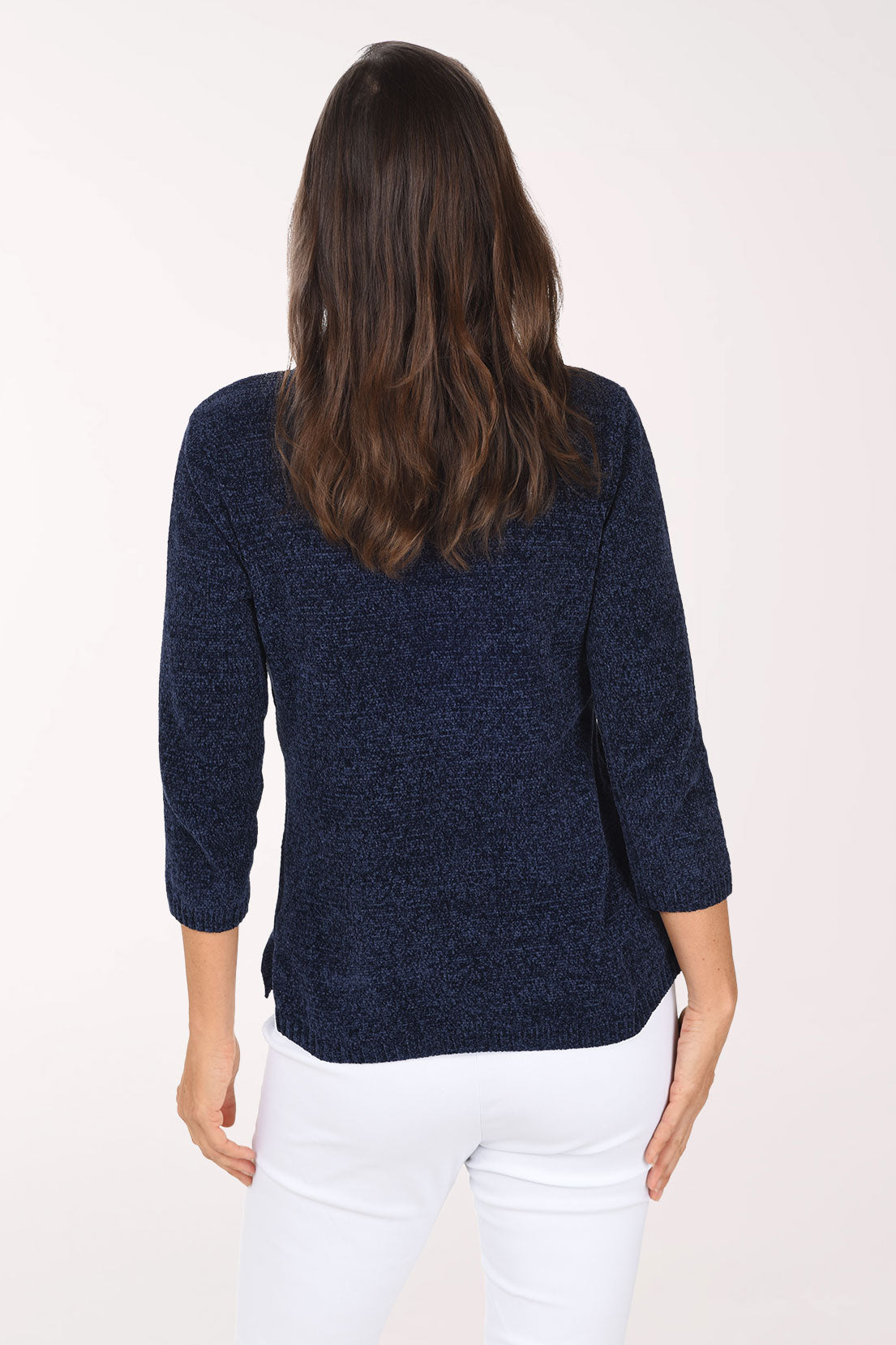 Anthony's Resort Wear Triple Anchor Chenille Pocket Sweater, back view, navy with three embroidered anchors