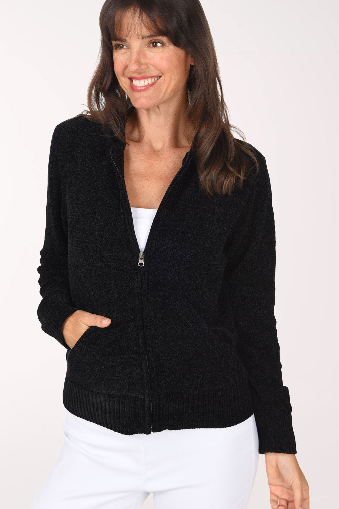 Anthony's Resort Wear Chenille Zip-Front Hooded Sweater, close-up front view, black