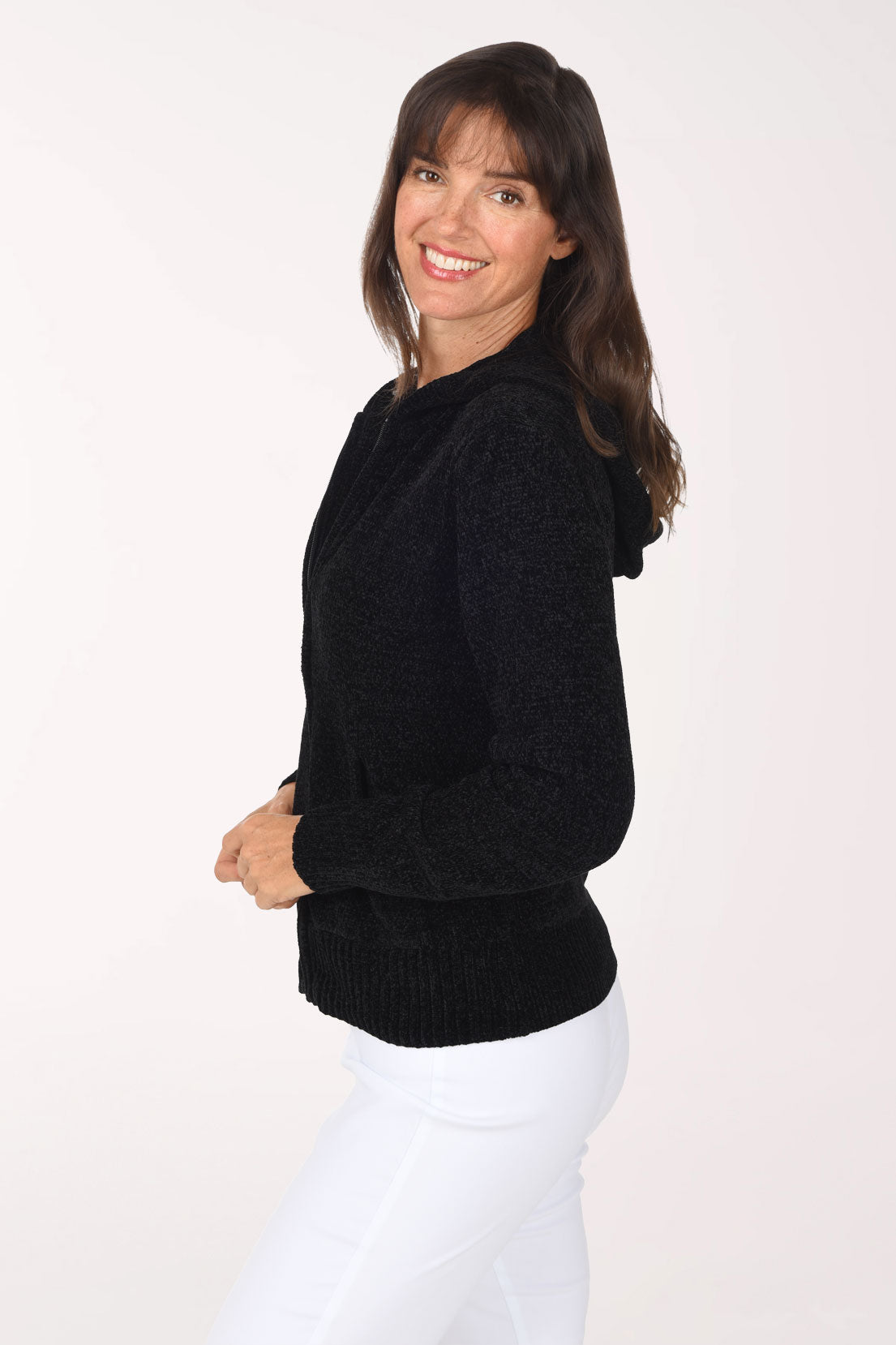 Anthony's Resort Wear Chenille Zip-Front Hooded Sweater, side view, black