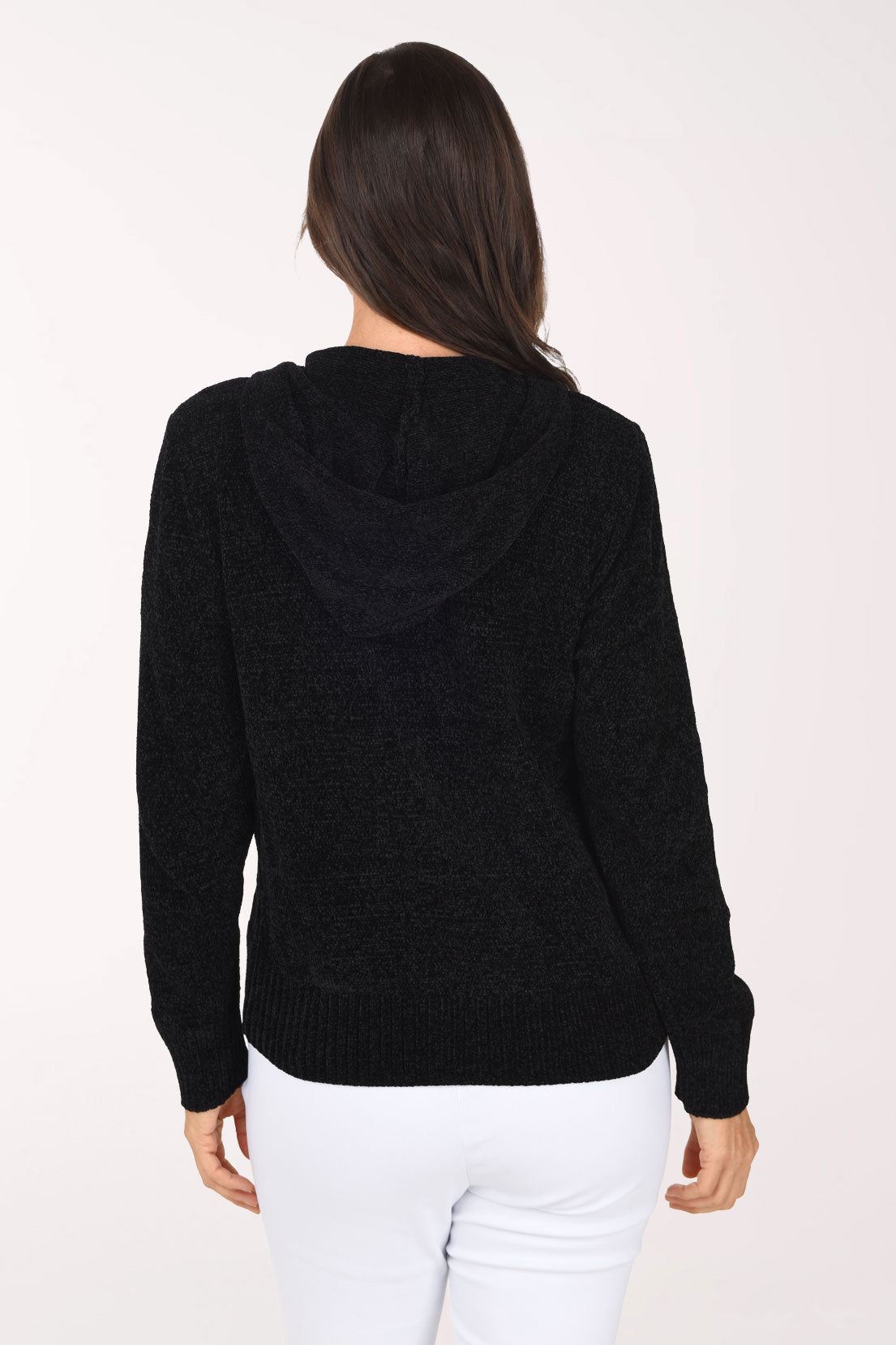 Anthony's Resort Wear Chenille Zip-Front Hooded Sweater, back view, black