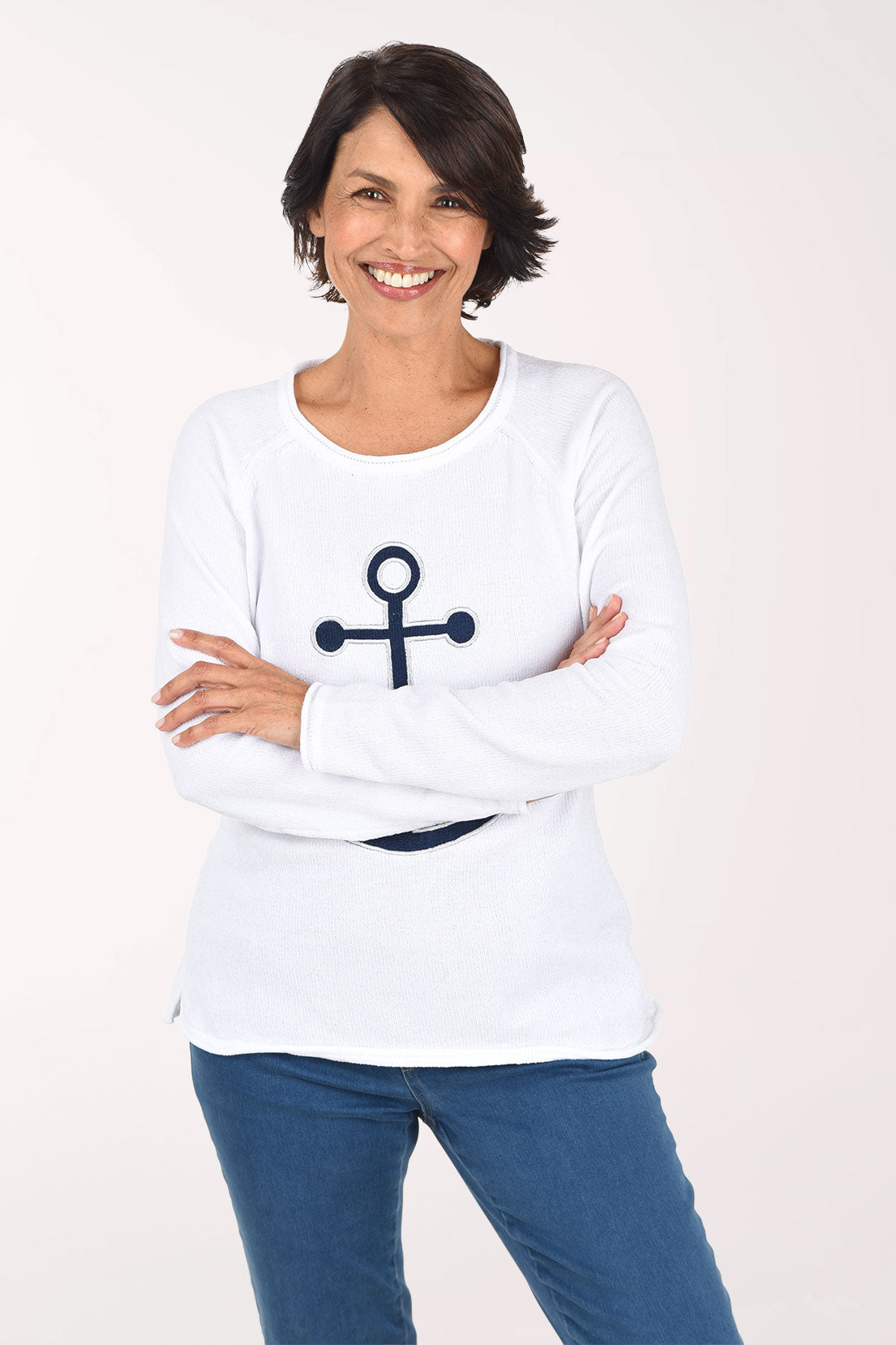 Anthony's Resort Wear Anchor Embroidered Chenille Sweater, front view, white with navy anchor