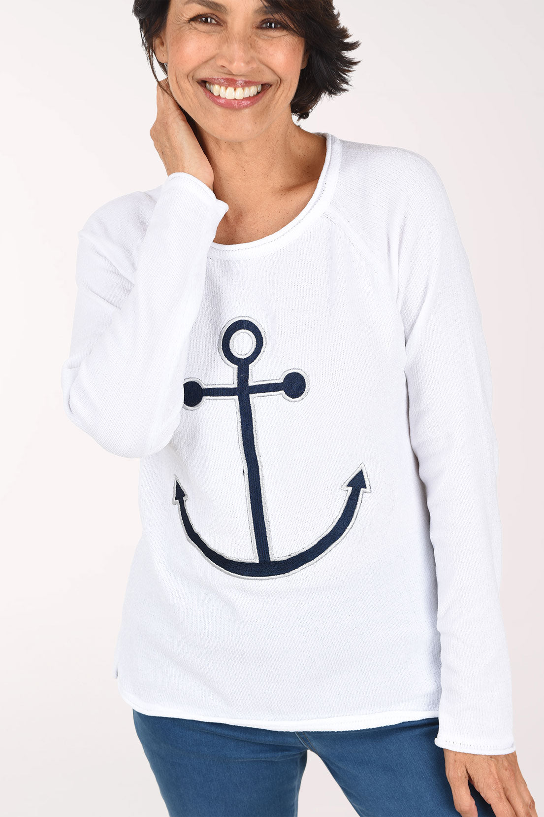 Anthony's Resort Wear Anchor Embroidered Chenille Sweater, close-up of the anchor applique, white with navy anchor