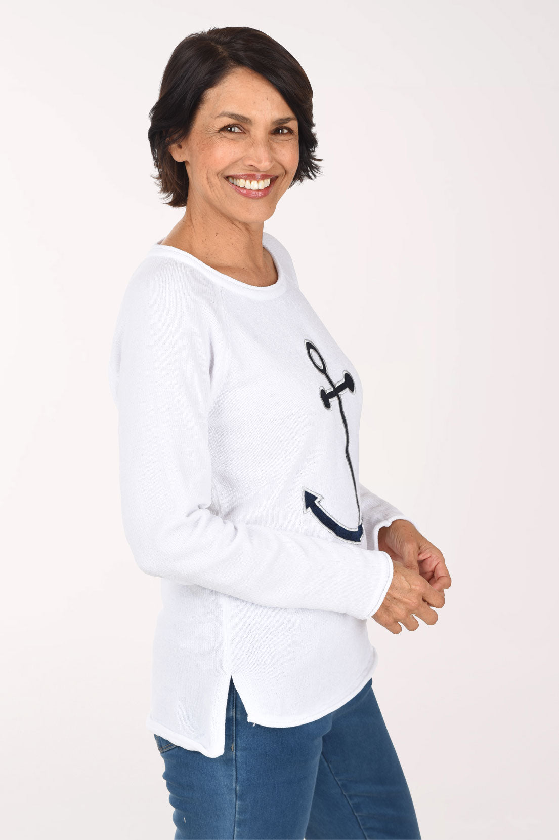 Anthony's Resort Wear Anchor Embroidered Chenille Sweater, side view, white with navy anchor