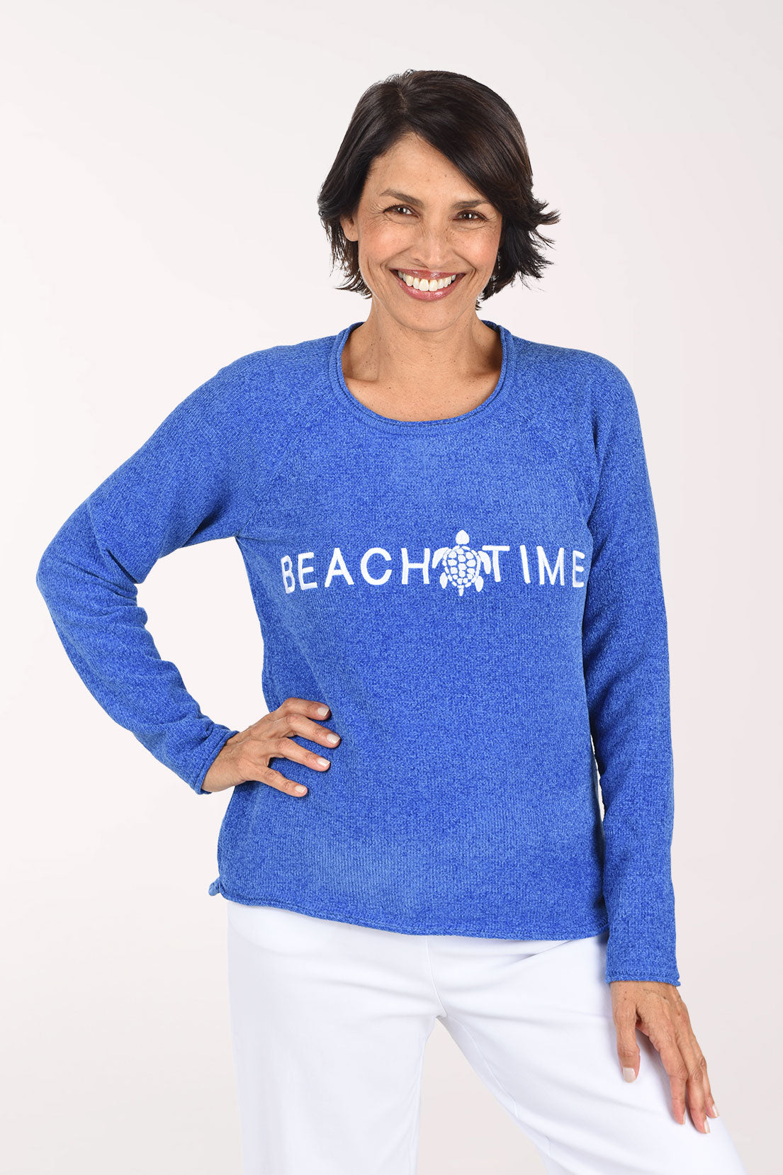 Anthony's Resort Wear Beach Time Embroidered Chenille Sweater, front view, blue