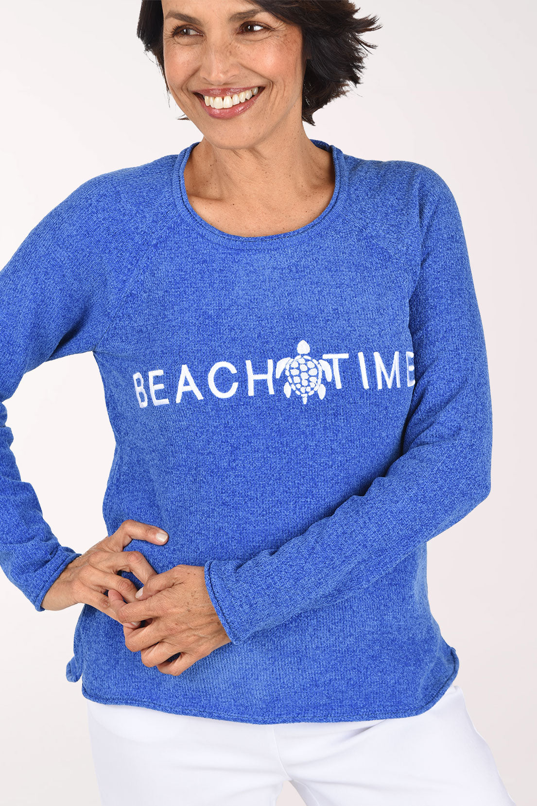 Anthony's Resort Wear Beach Time Embroidered Chenille Sweater, close-up of the Beach Time embroidery, blue