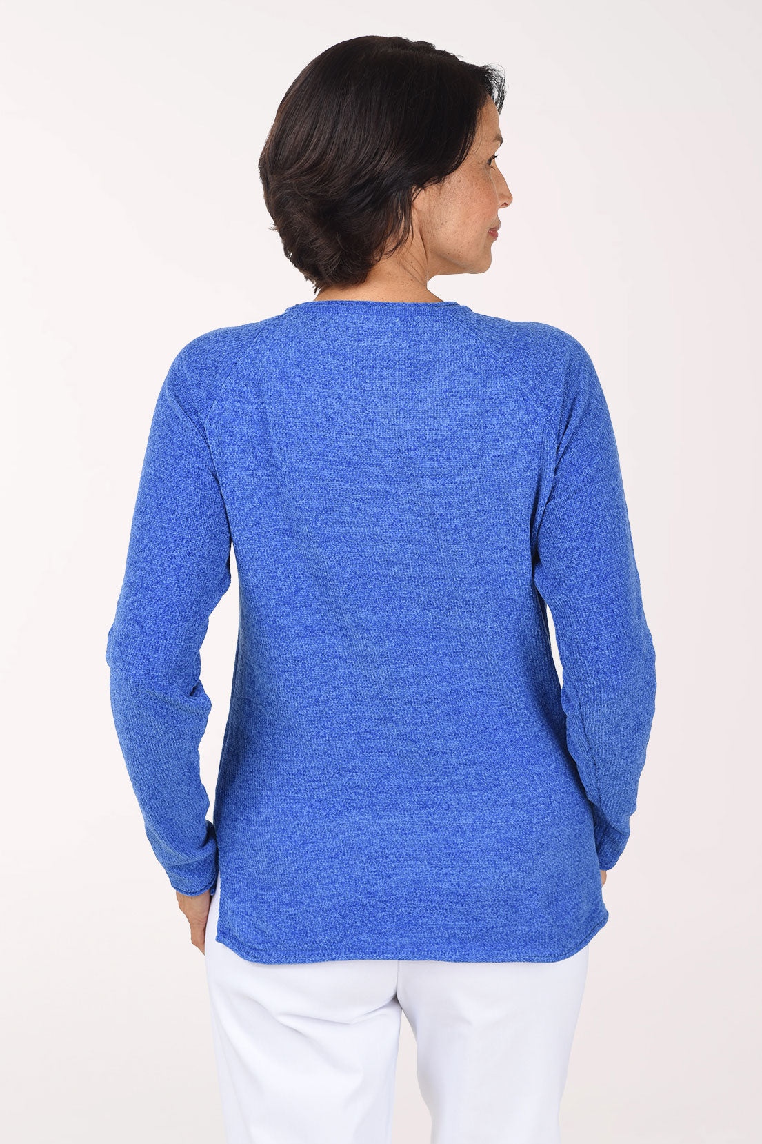 Anthony's Resort Wear Beach Time Embroidered Chenille Sweater, back view, blue
