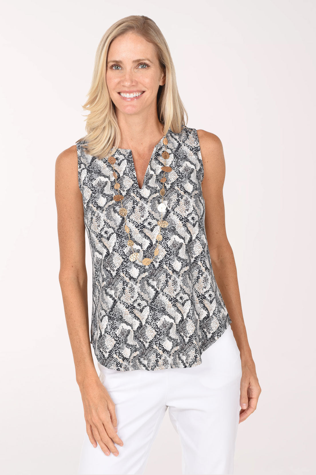 Front view of the Neutral Snakeskin UPF50+ Split Neck Sleeveless Top with the curved hem