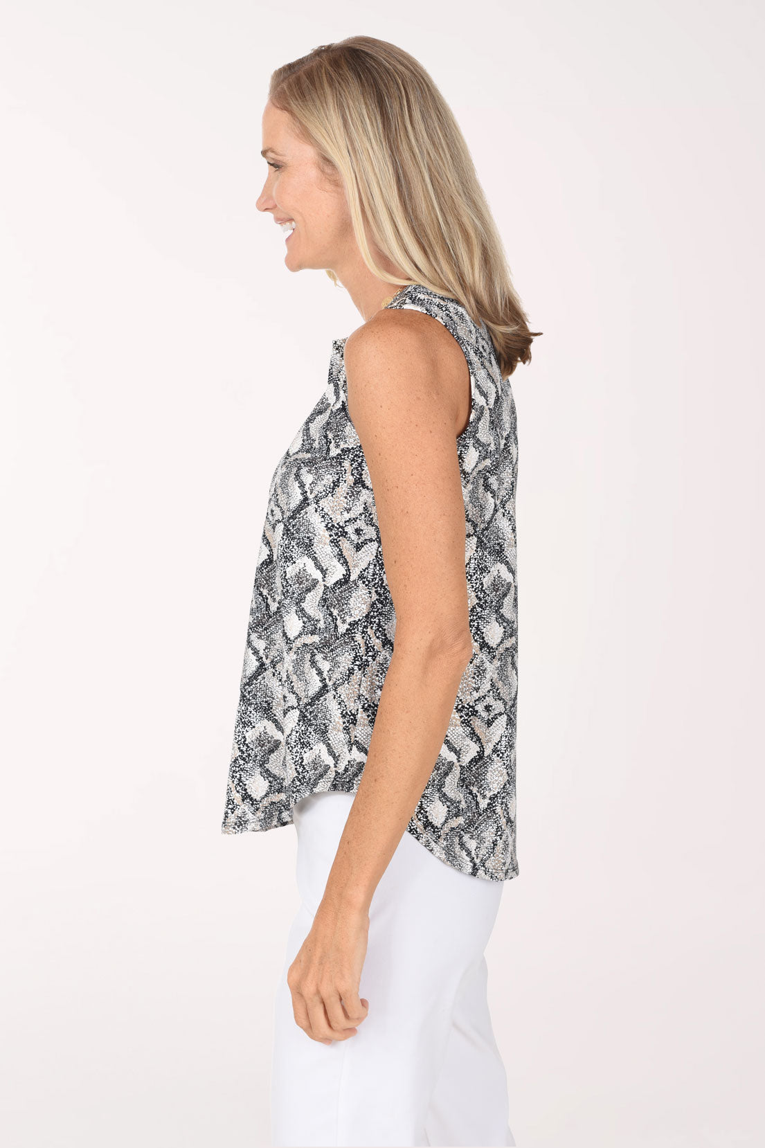 Side view of the Neutral Snakeskin UPF50+ Split Neck Sleeveless Top