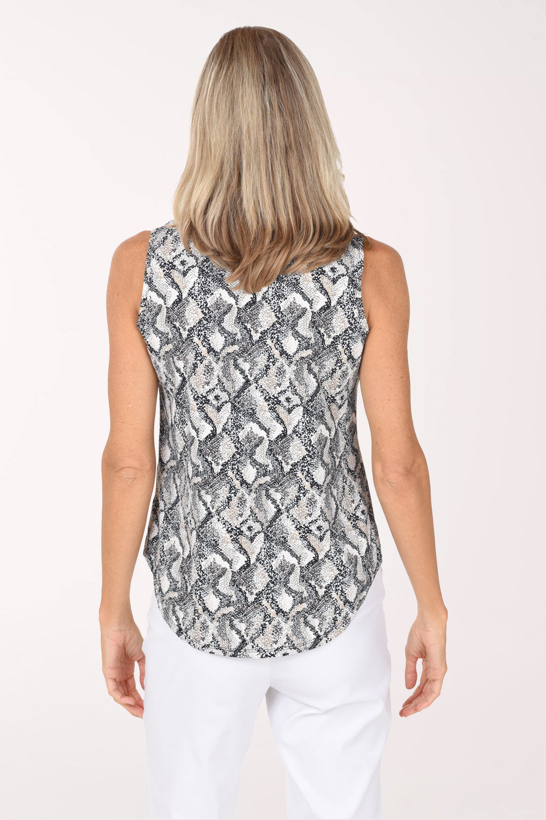 Back view of the Neutral Snakeskin UPF50+ Split Neck Sleeveless Top