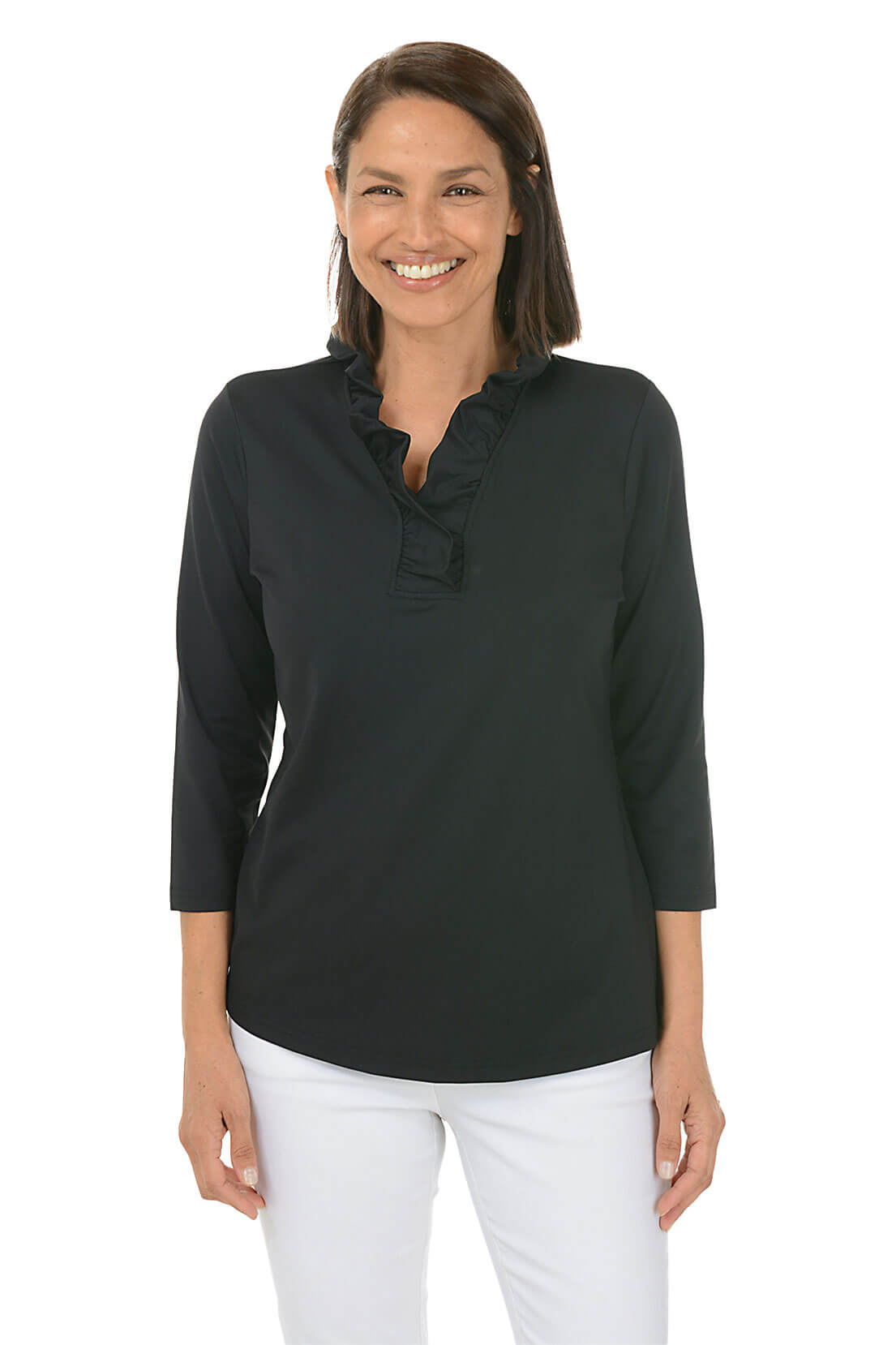 Woman wearing a black blouse with a ruffled neckline on a white background