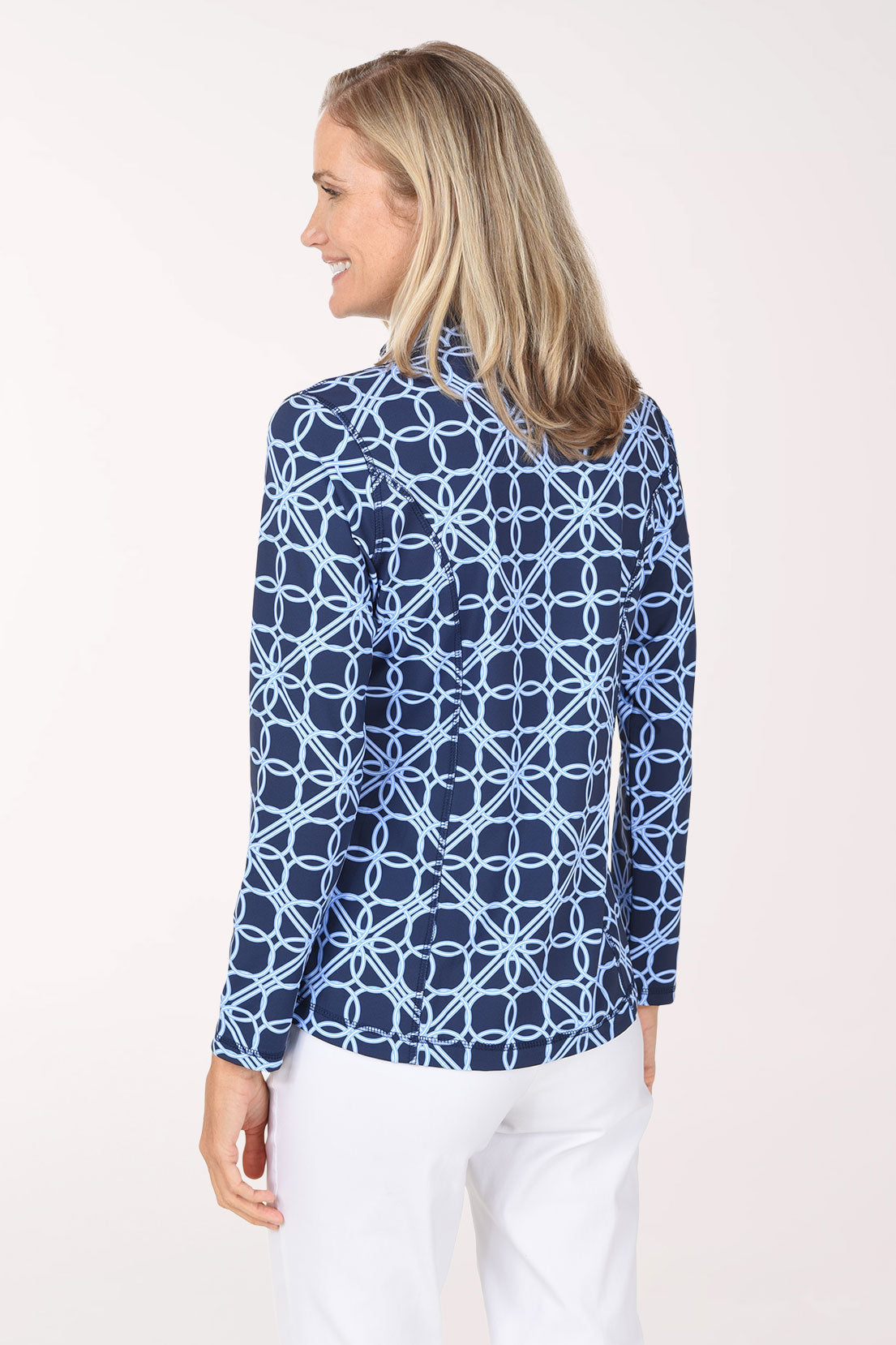 Back view of the Blue Lattice Rings Athletic Zip Jacket showing the all-over navy and light blue lattice print and curved hemline.