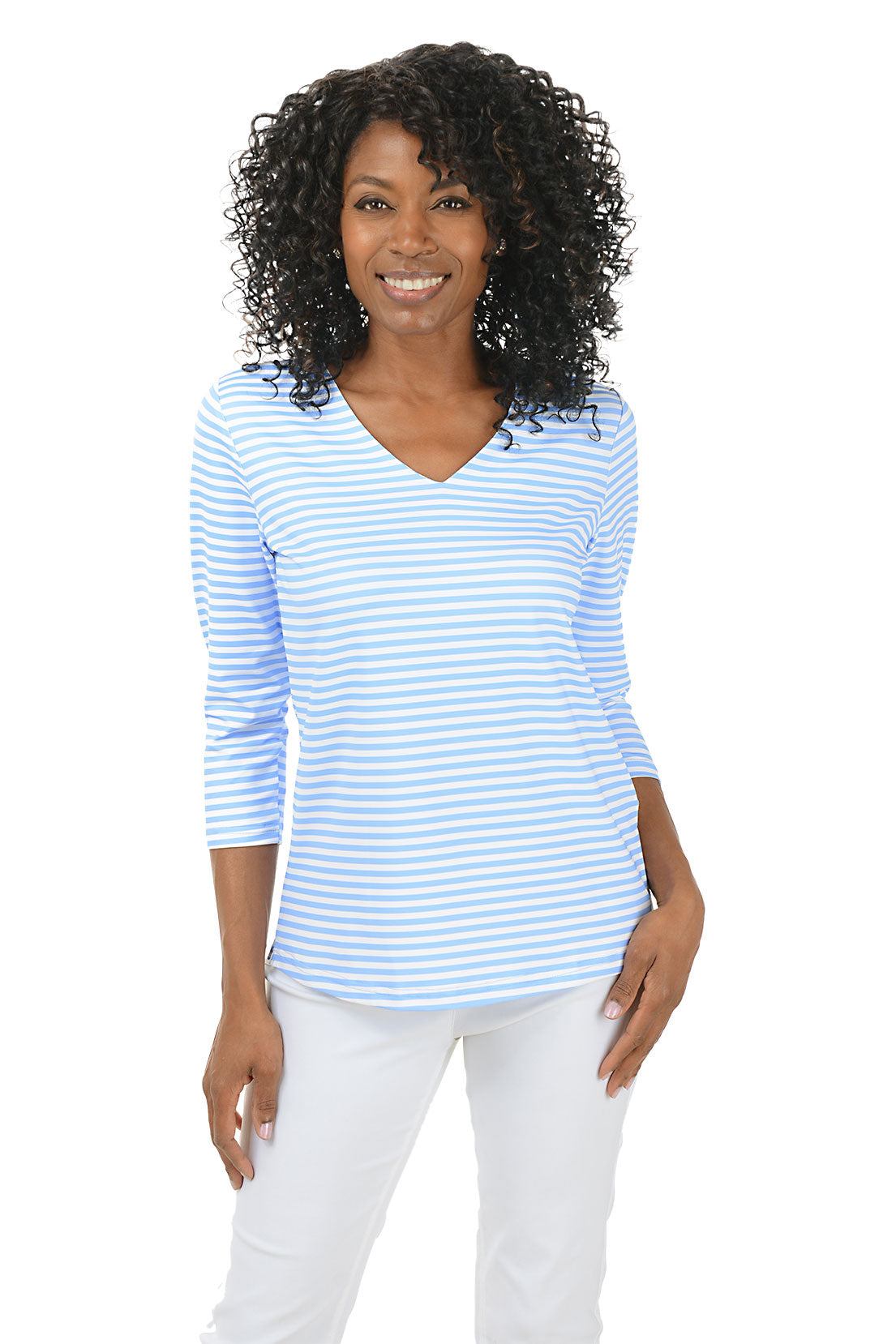 Woman wearing a blue and white striped shirt on a white background.