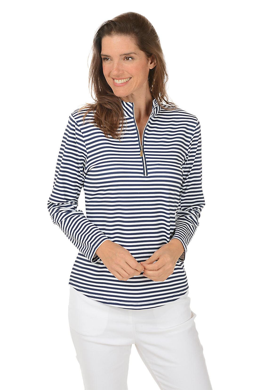 Woman wearing a navy and white striped shirt with a white background.