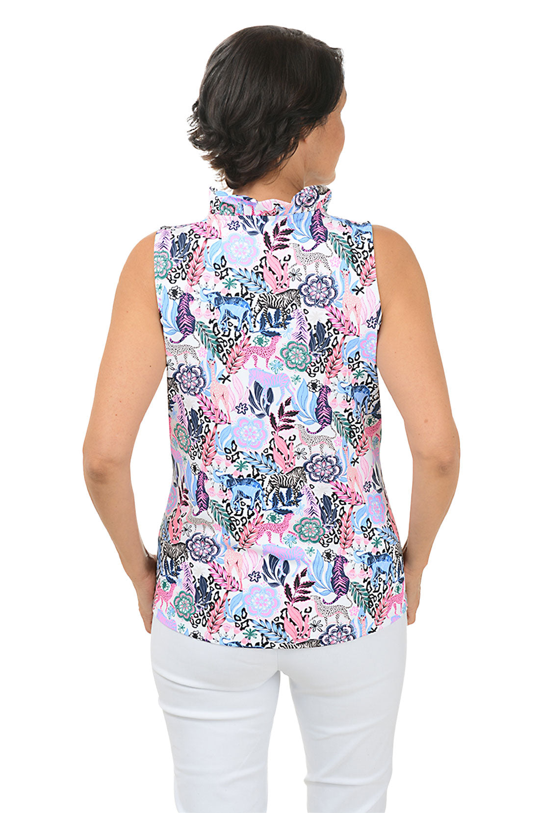 A sleeveless knit top with a V-neckline and ruffled detail, featuring a multicolor safari pattern and a curved hemline. Back shot.