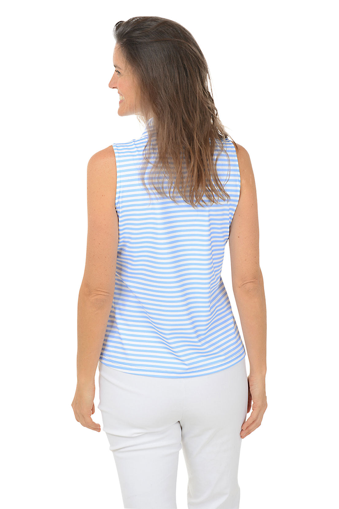 A woman wearing a sleeveless blue and white striped mock neckline top with a zippered half placket. Back shot.
