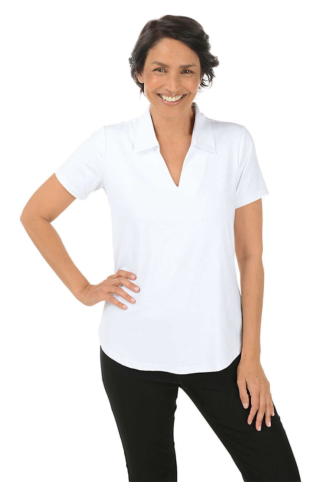 Woman wearing a white short-sleeve blouse and black pants on a white background.