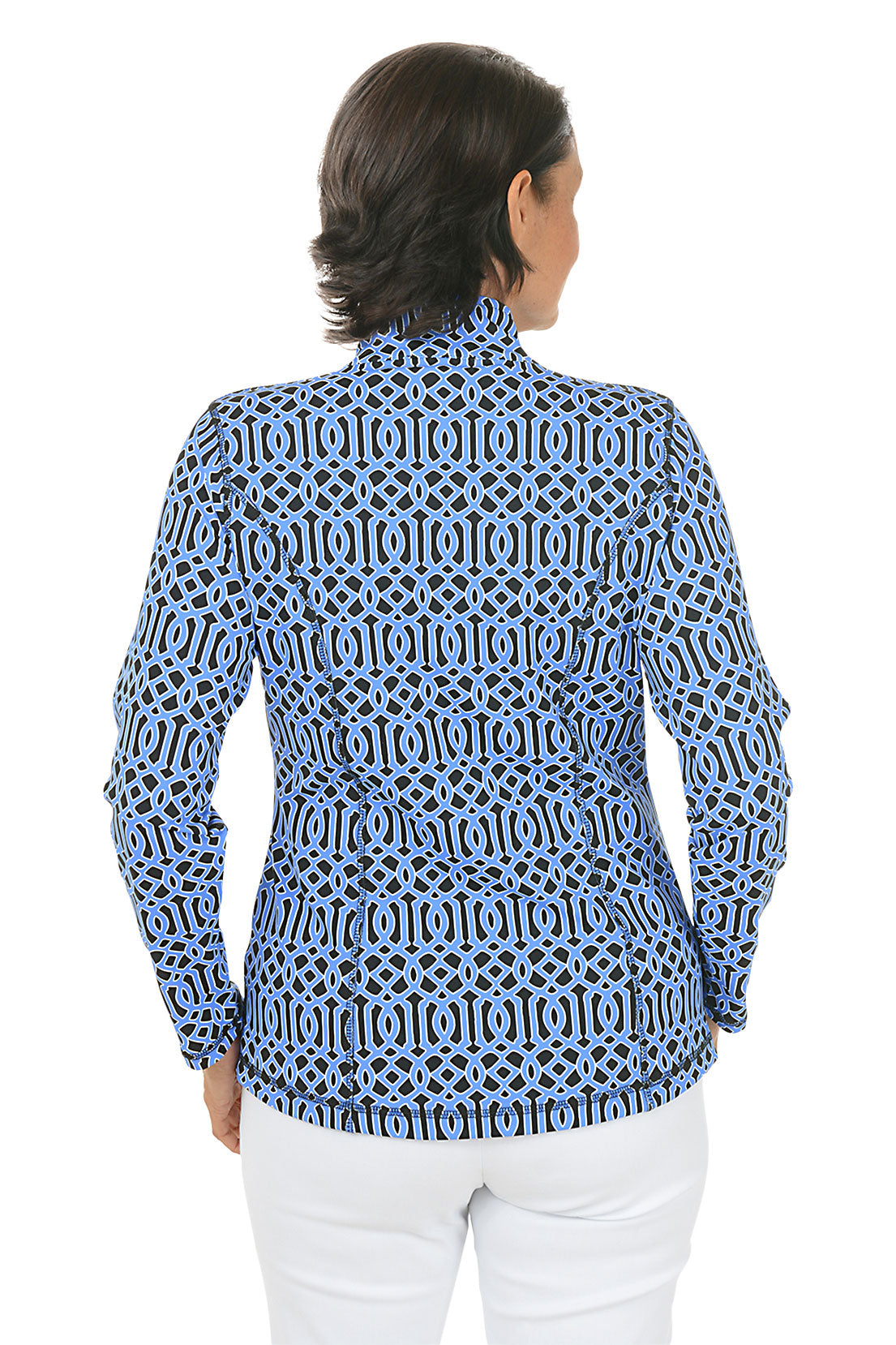 Woman wearing a blue patterned jacket on a white background. Back shot.