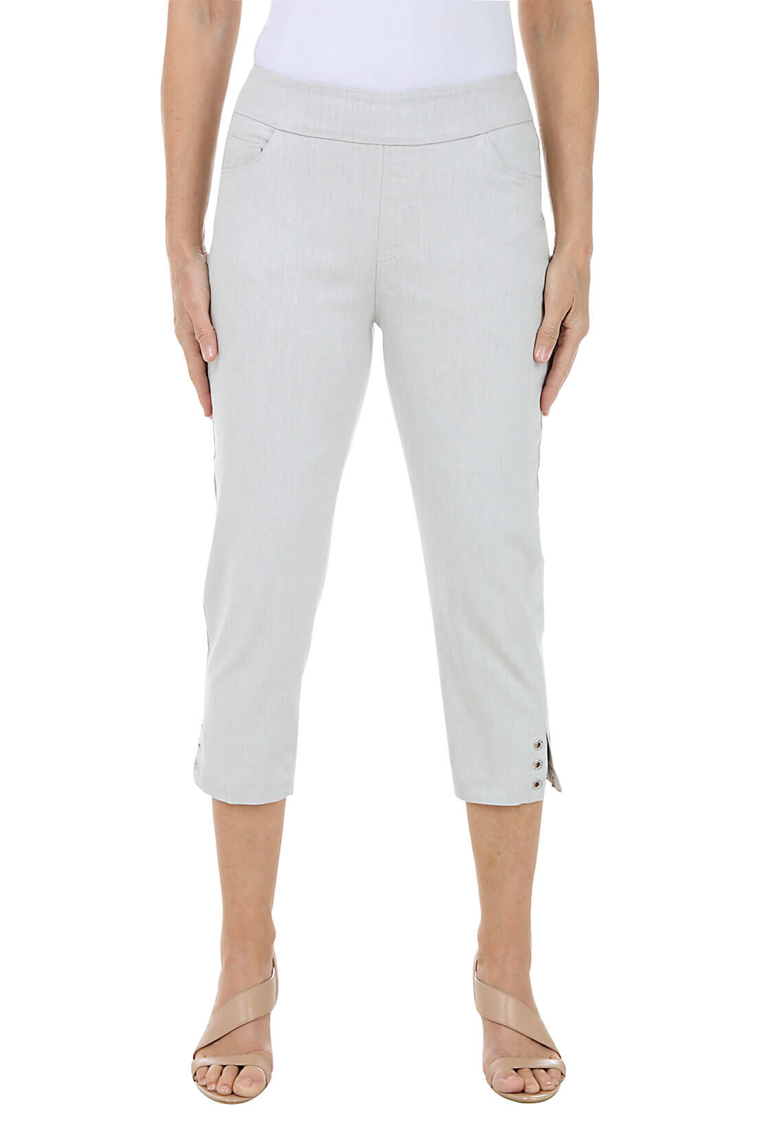 Light gray capri pants worn by a person on a white background