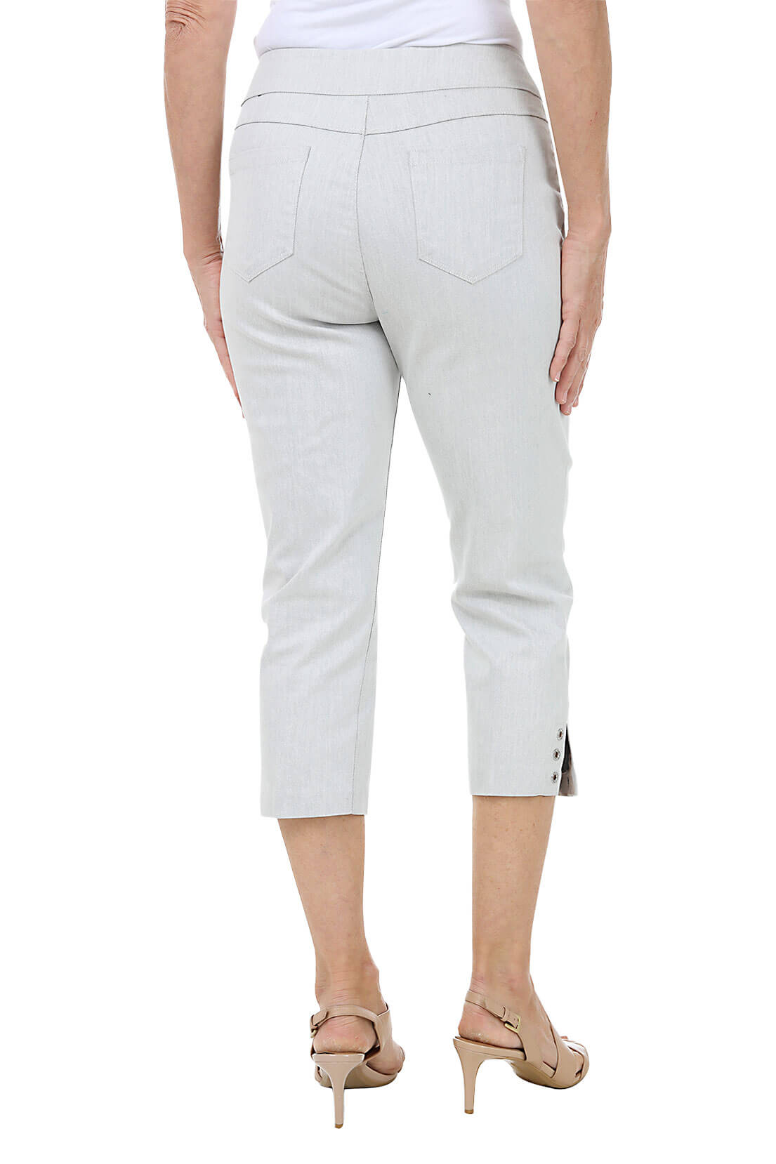 A pair of silver denim capri pants with rhinestone embellishments on the hemline, featuring a classic five-pocket design. Back shot.