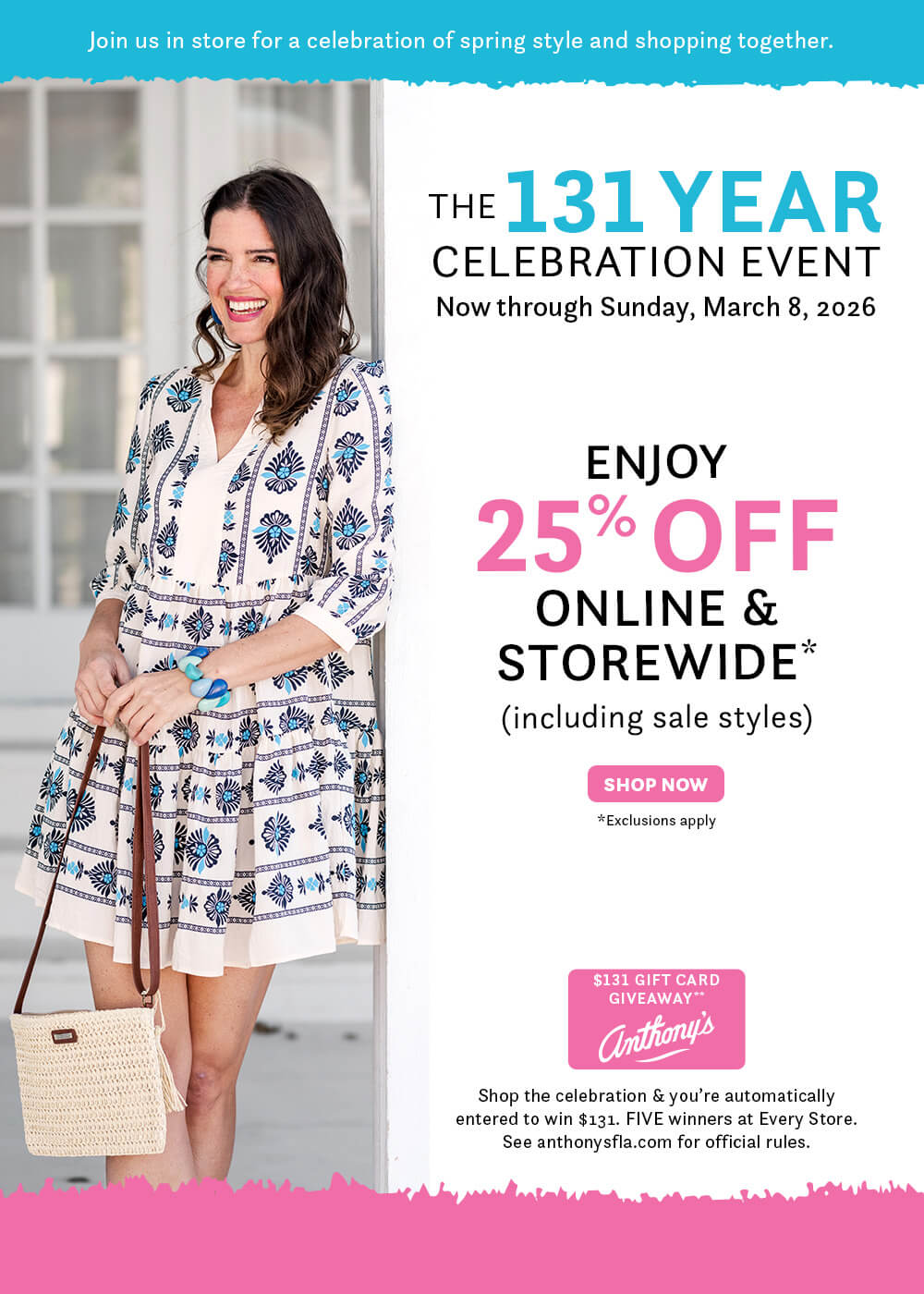 Promotional advertisement for a 131-year celebration event with a woman in a floral dress holding a bag.