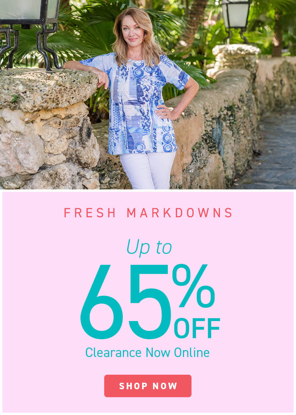 Moblie banner Model next to ad of having Clearance online