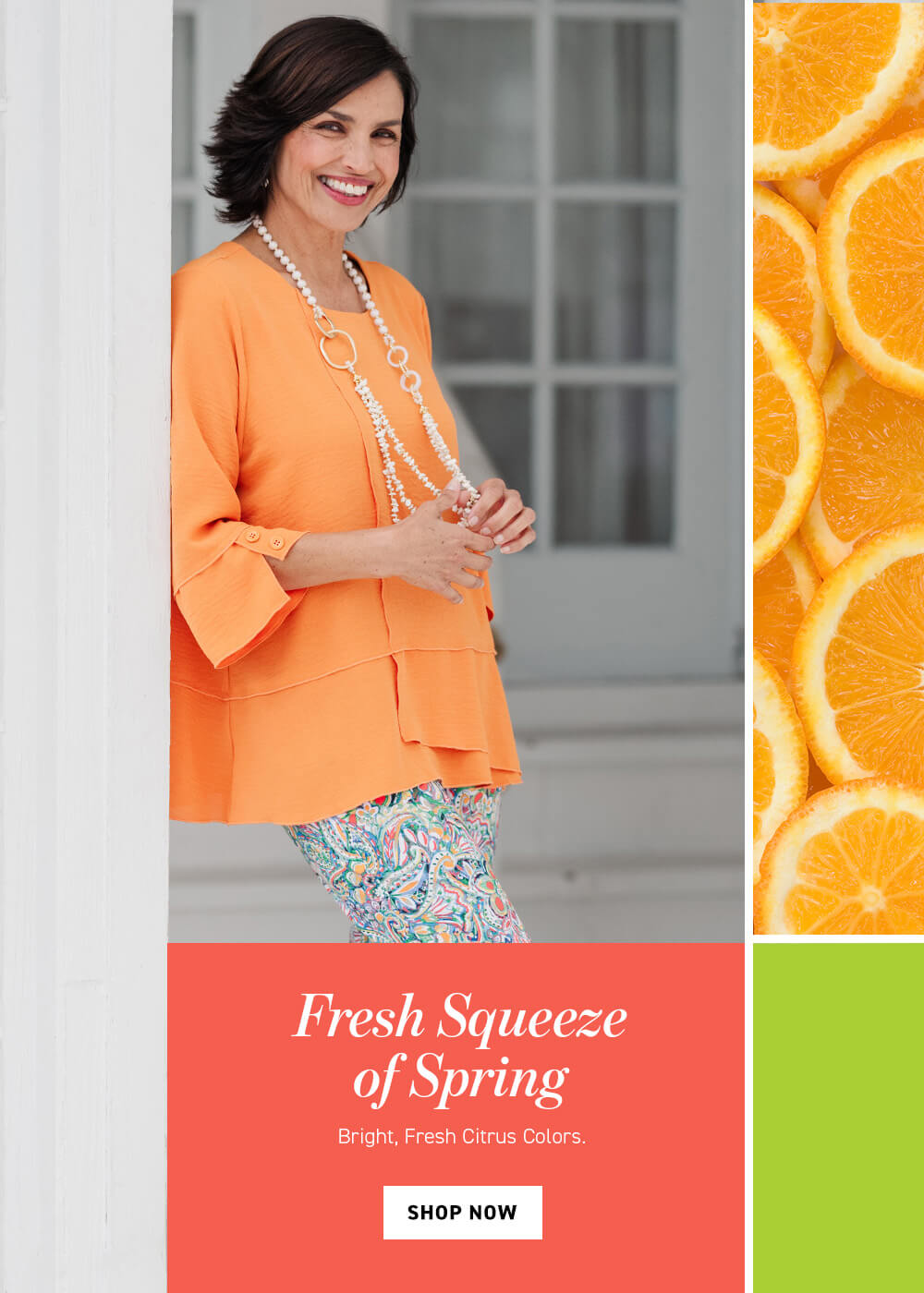 Woman in orange top with 'Fresh Squeeze of Spring' text and oranges on a colorful background