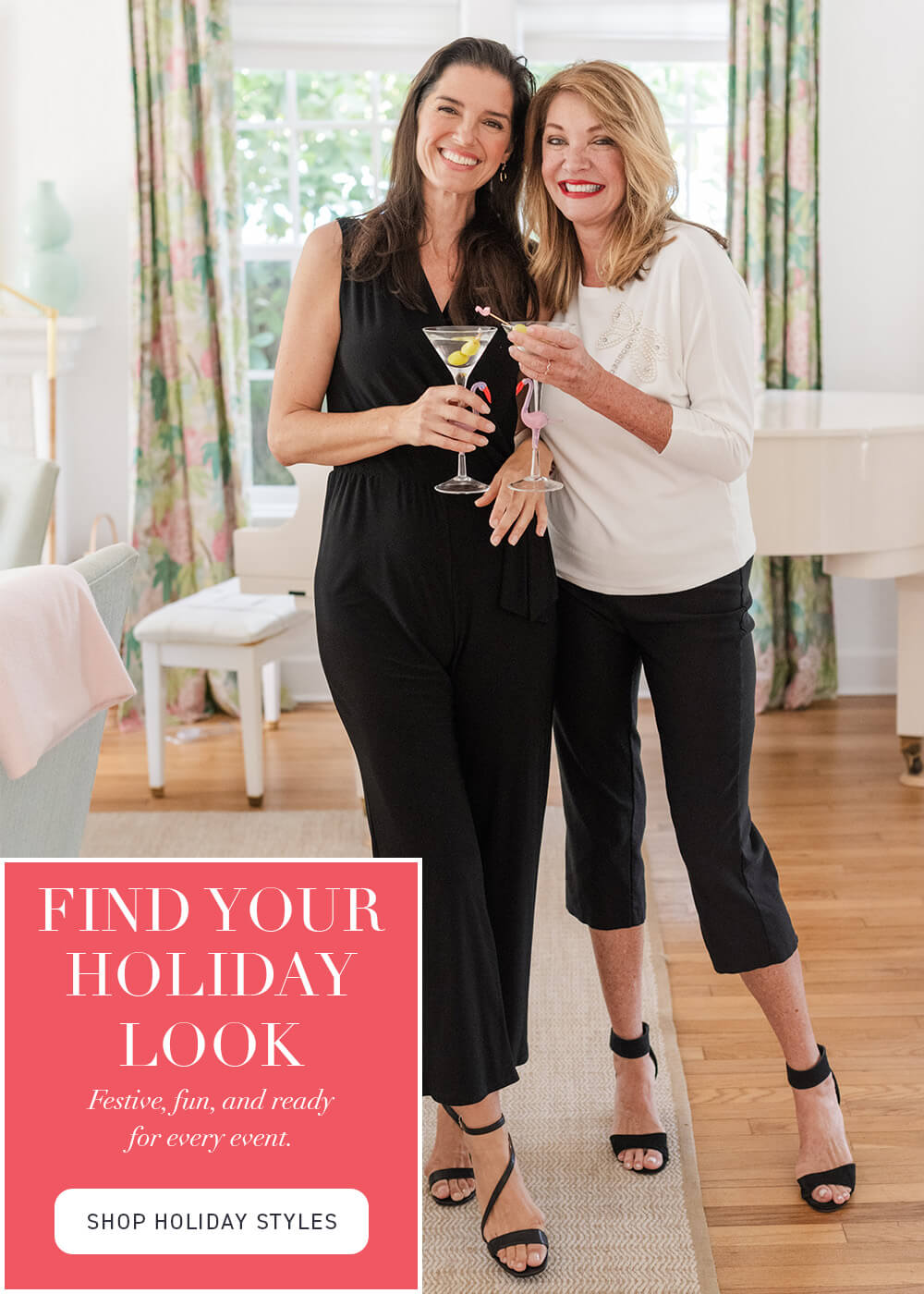For mobile, Two women in a living room holding drinks with a promotional text overlay.
